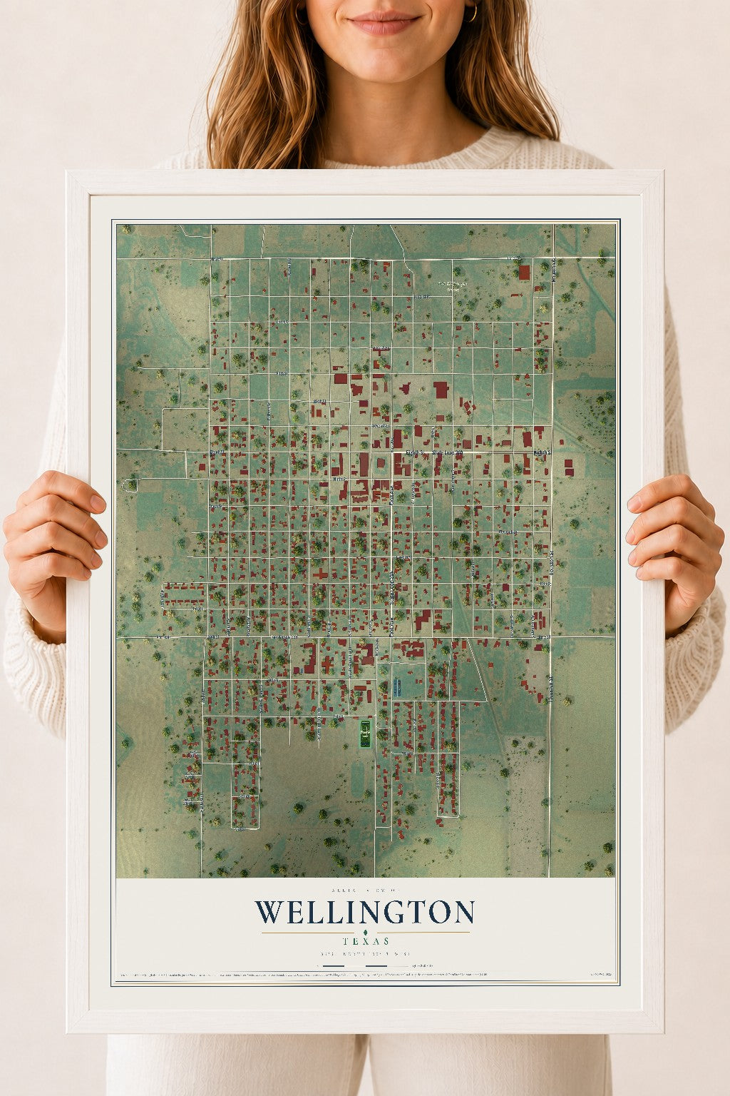 Map of Wellington, Texas, 18 x 24 inch print in a white wood frame