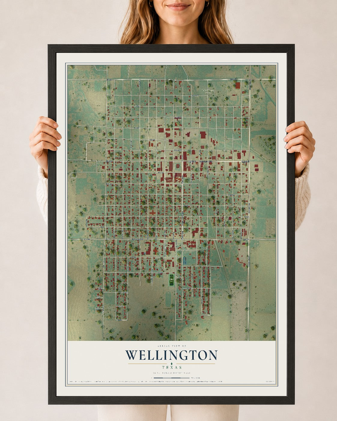 Map of Wellington, Texas, 24 x 36 inch print in a black wood frame