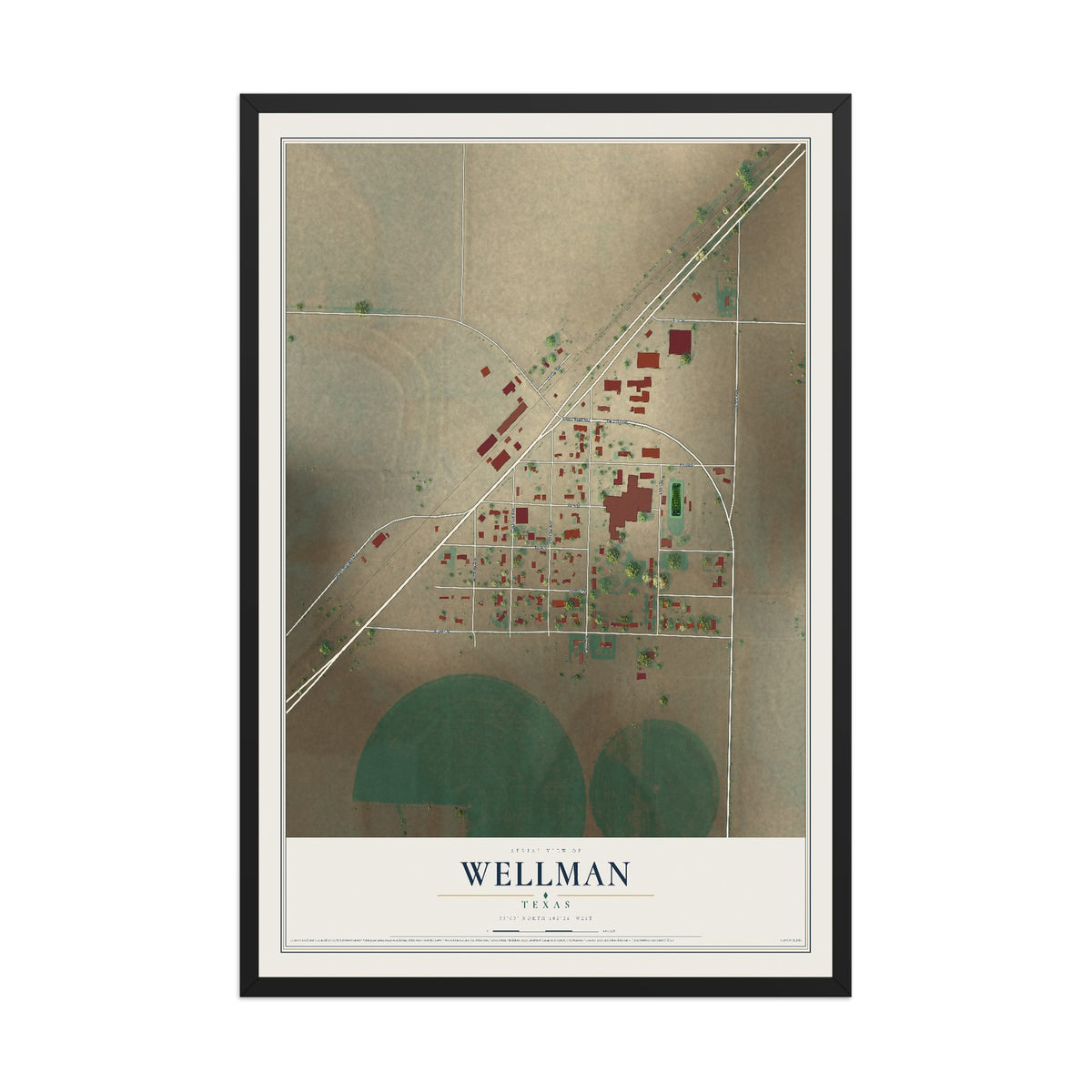 Map of Wellman, Texas, 12 x 18 inch print in a black wood frame