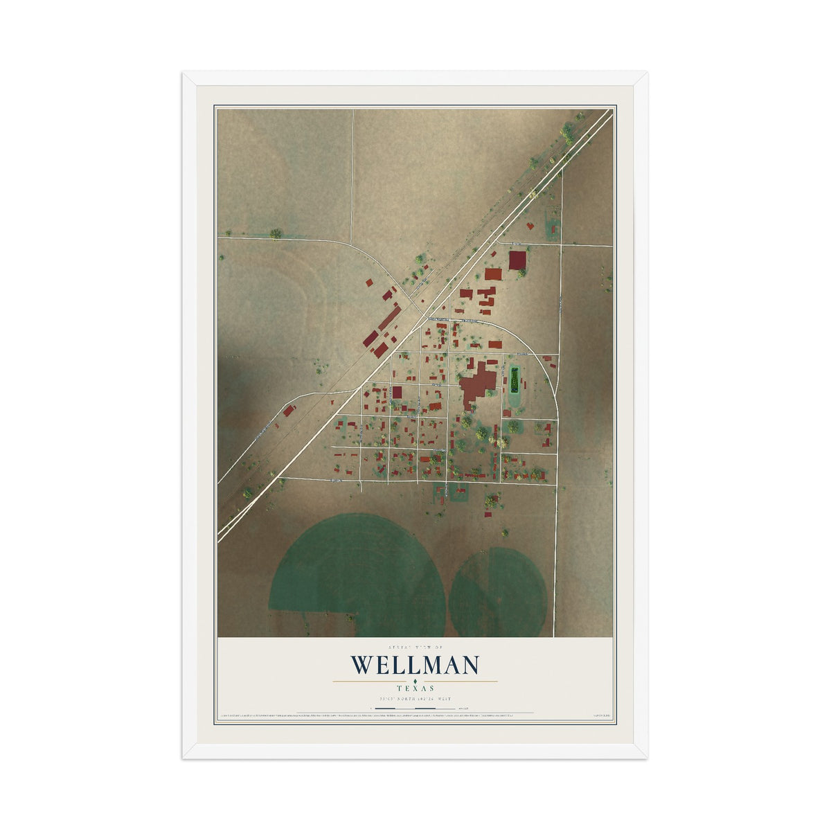 Map of Wellman, Texas, 12 x 18 inch print in a white wood frame