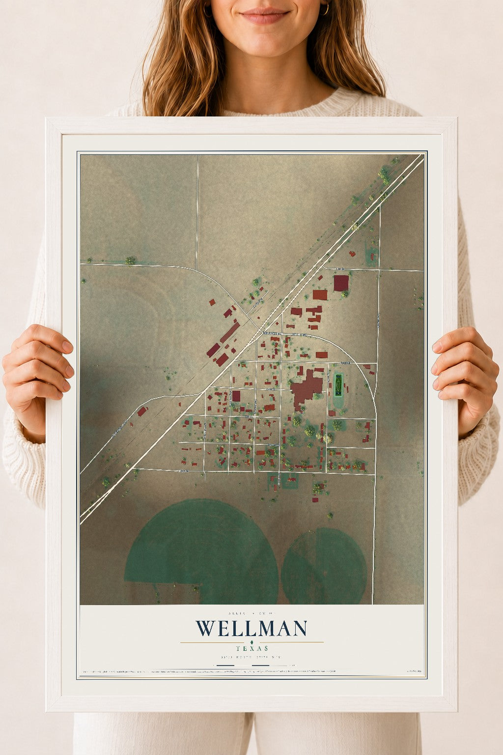 Map of Wellman, Texas, 18 x 24 inch print in a white wood frame