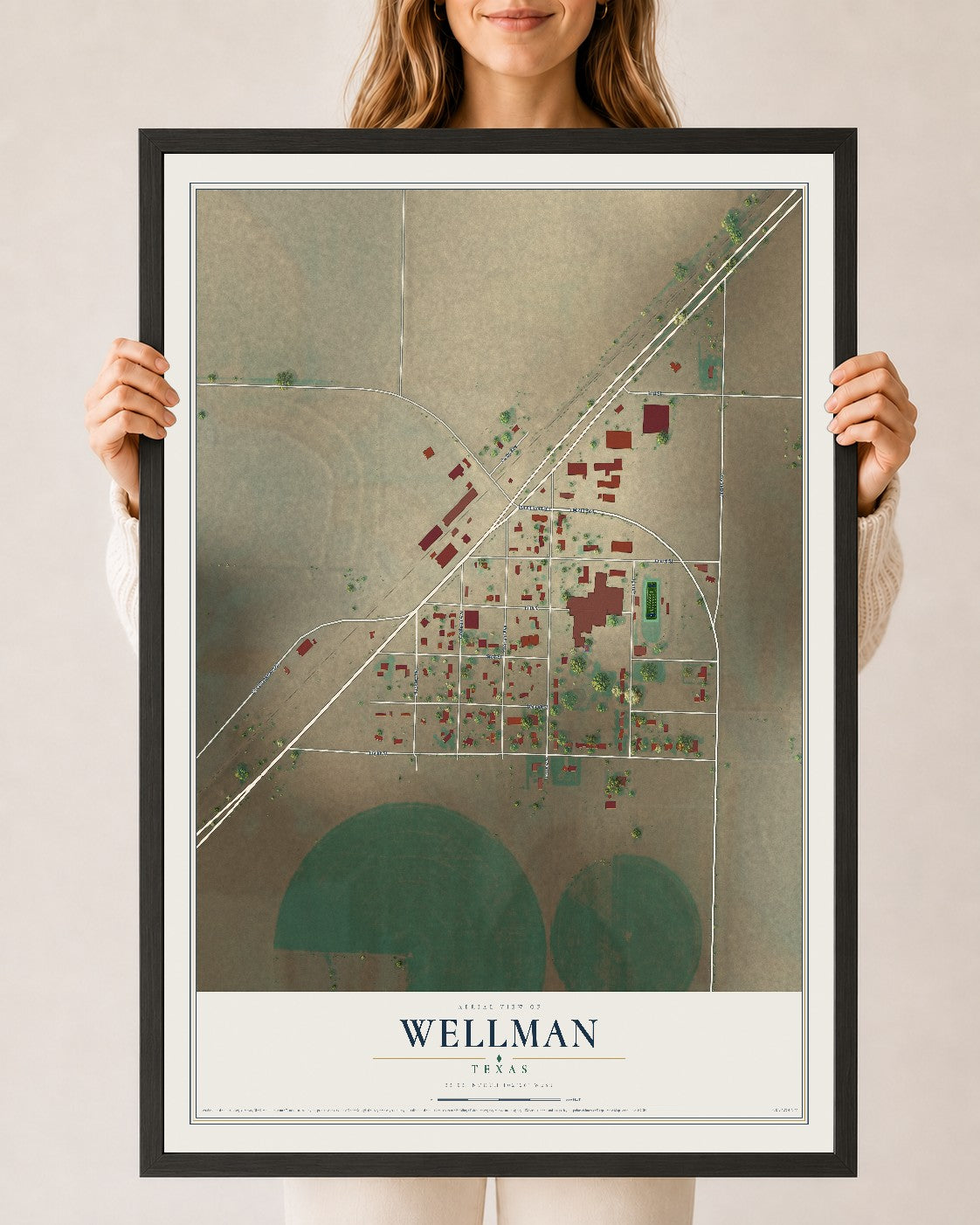 Map of Wellman, Texas, 24 x 36 inch print in a black wood frame