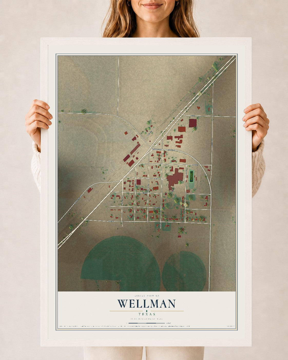 Map of Wellman, Texas, 24 x 36 inch print in a white wood frame