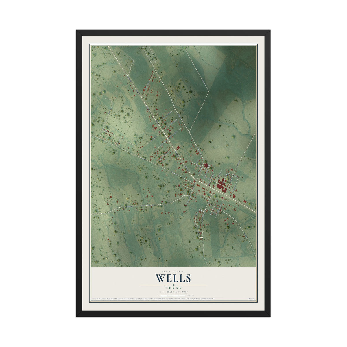 Map of Wells, Texas, 12 x 18 inch print in a black wood frame