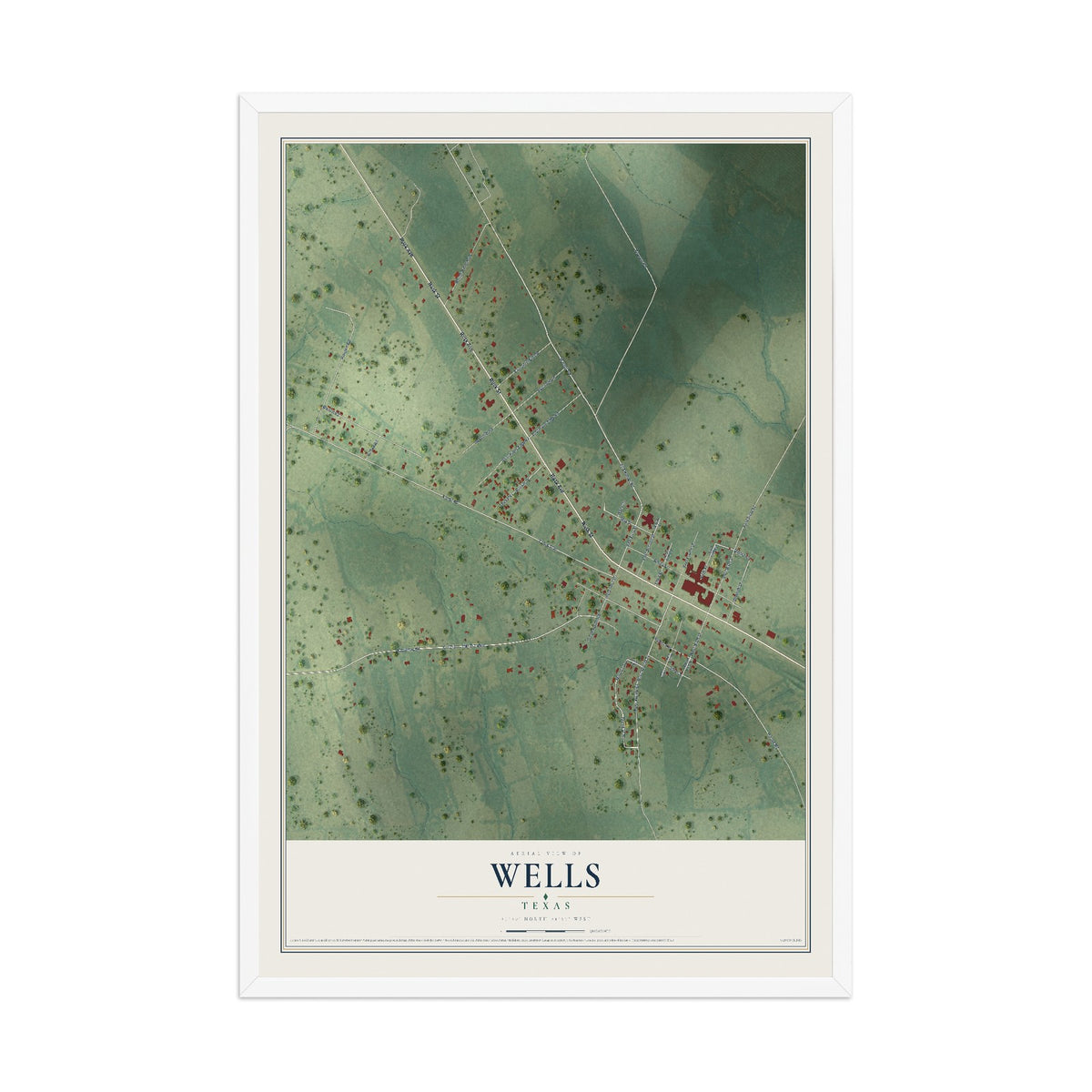 Map of Wells, Texas, 12 x 18 inch print in a white wood frame