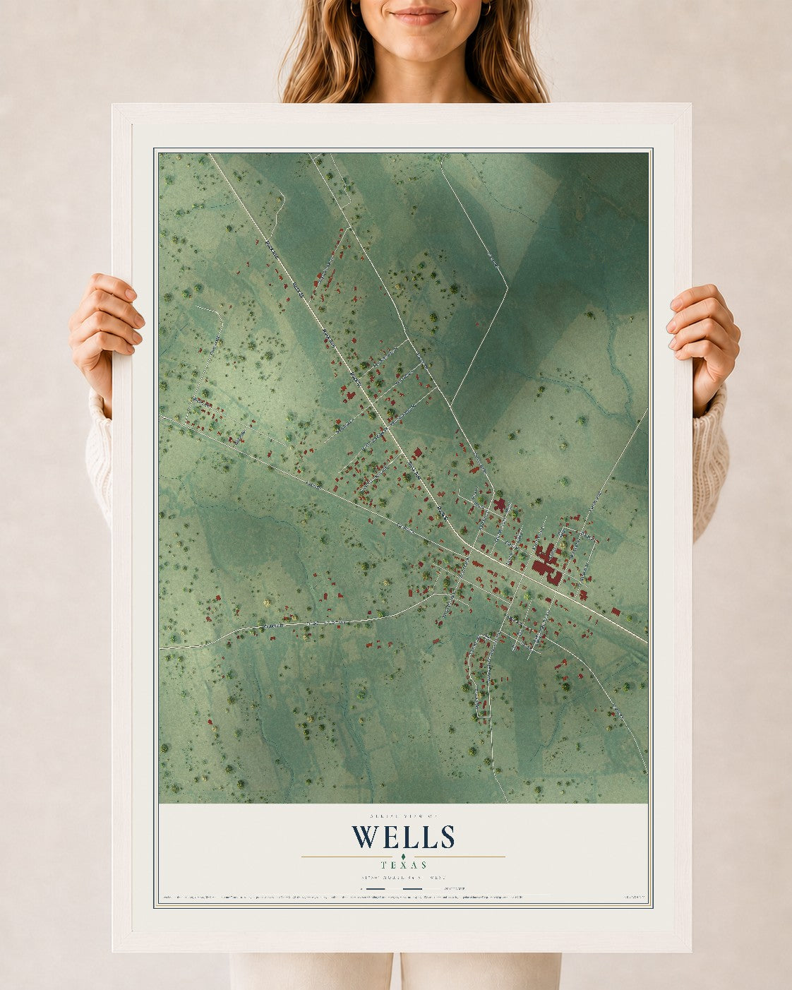 Map of Wells, Texas, 24 x 36 inch print in a white wood frame