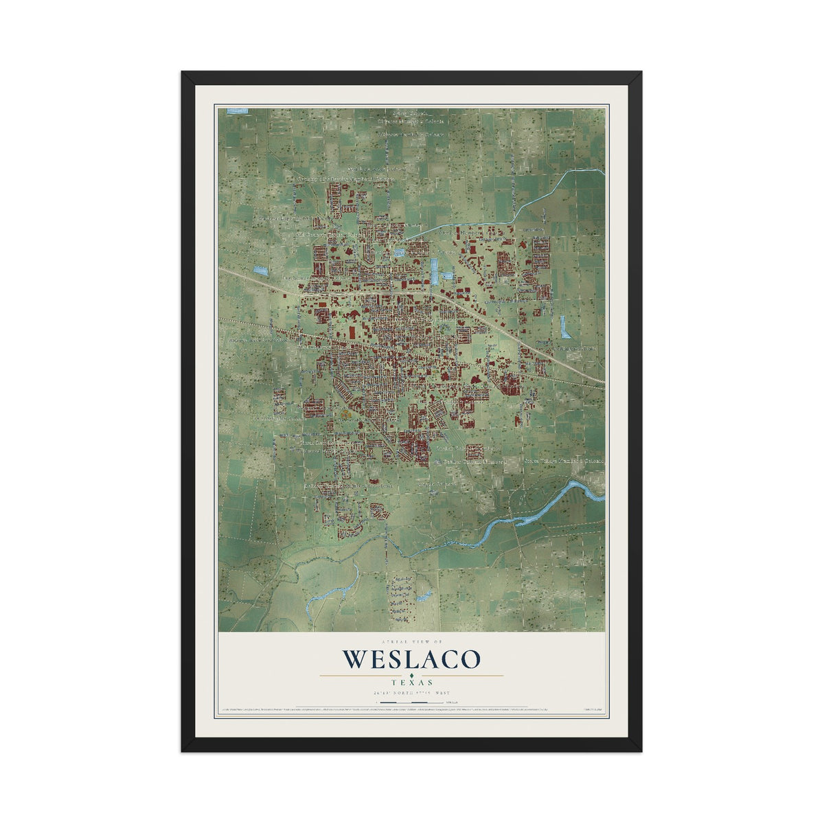 Map of Weslaco, Texas, 12 x 18 inch print in a black wood frame