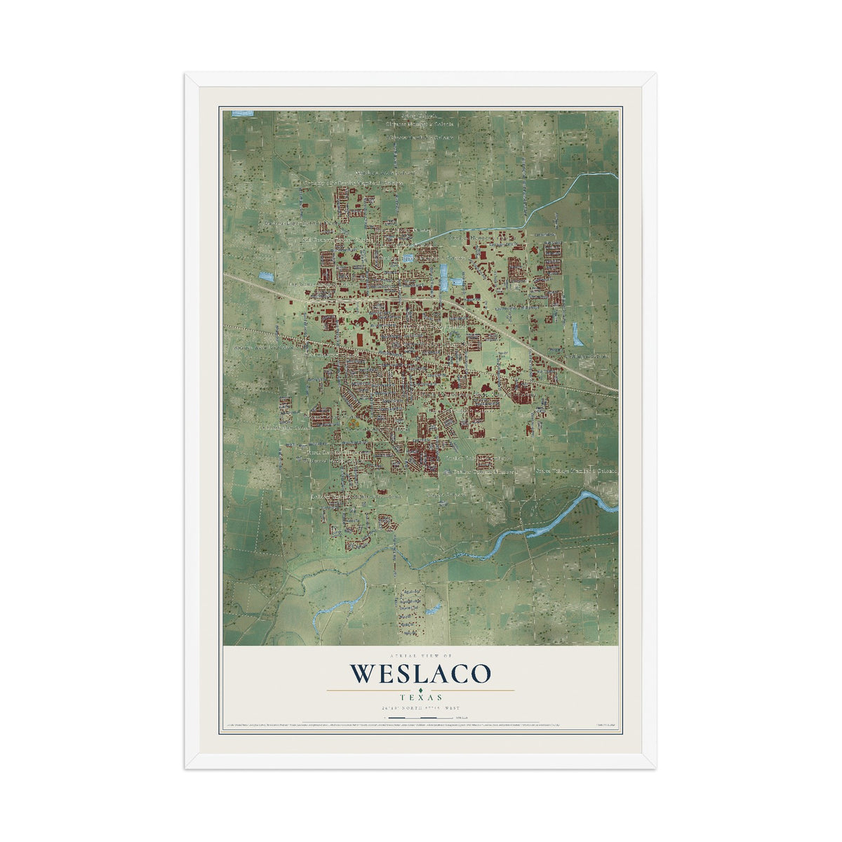 Map of Weslaco, Texas, 12 x 18 inch print in a white wood frame