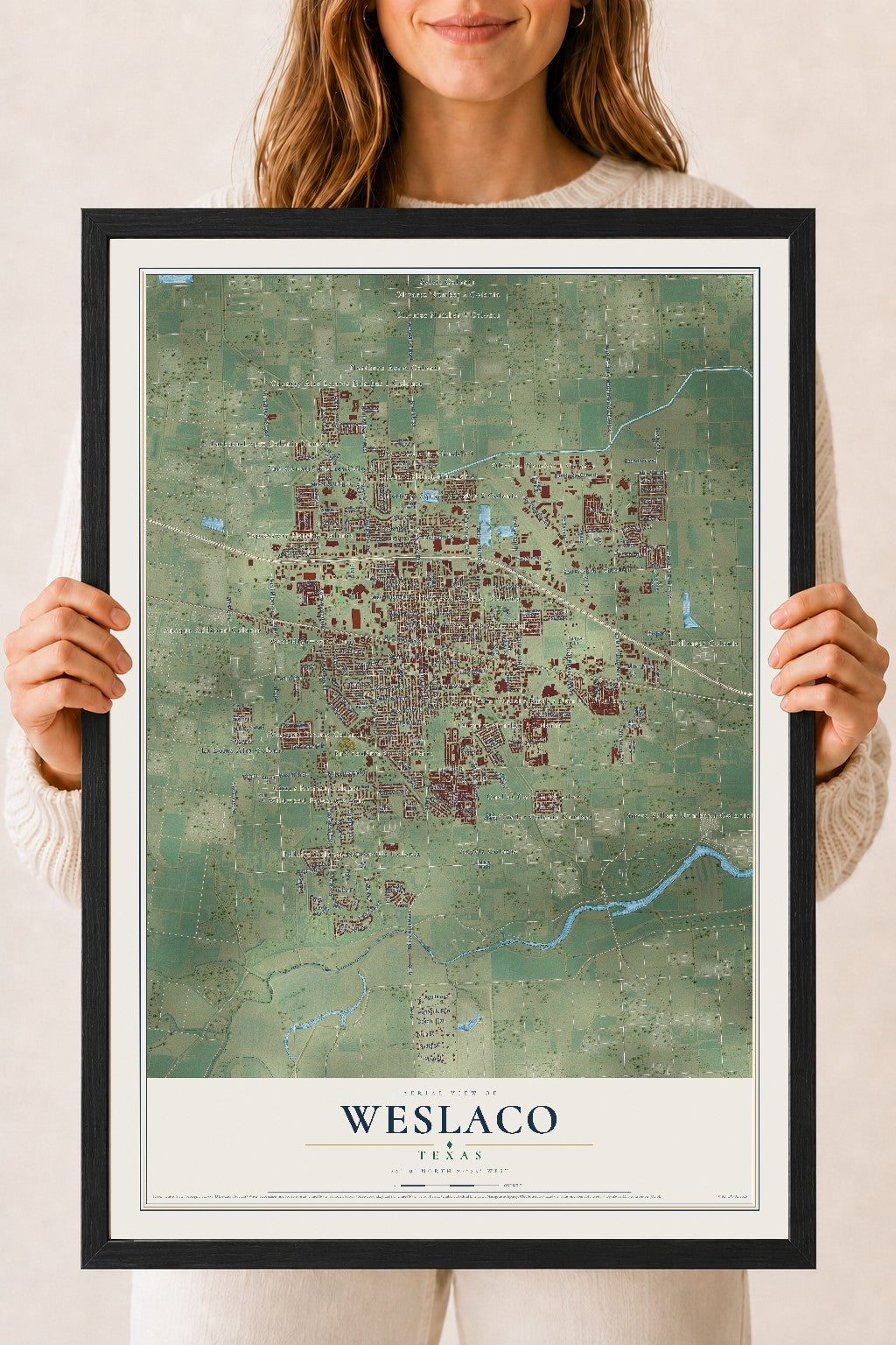 Map of Weslaco, Texas, 18 x 24 inch print in a black wood frame
