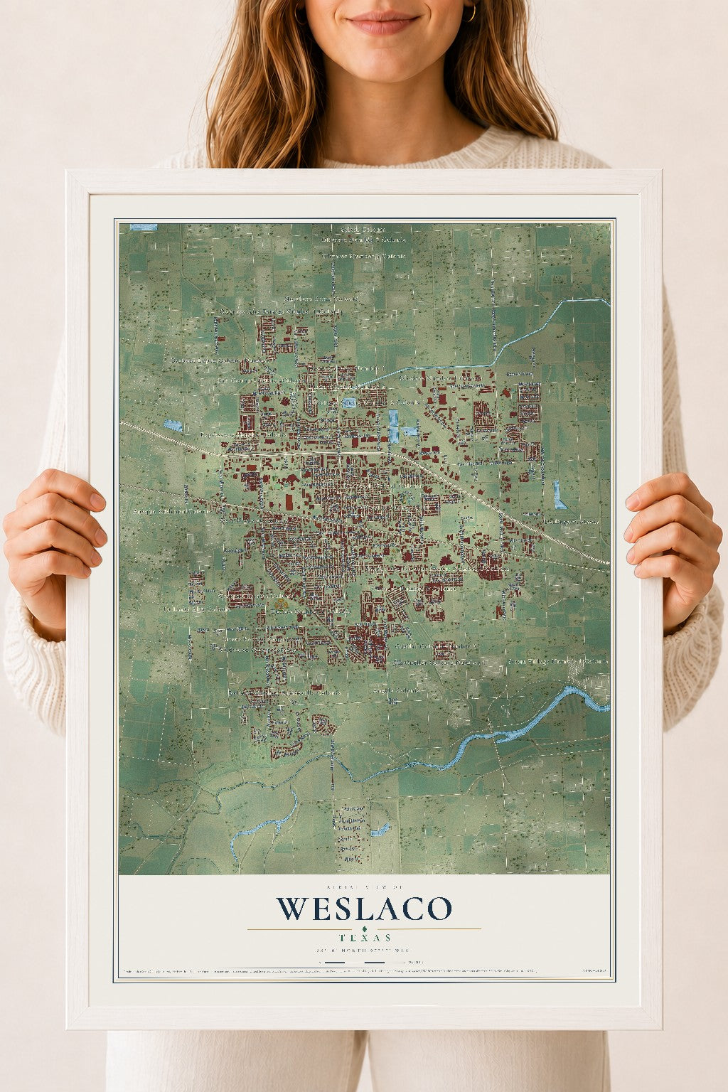 Map of Weslaco, Texas, 18 x 24 inch print in a white wood frame