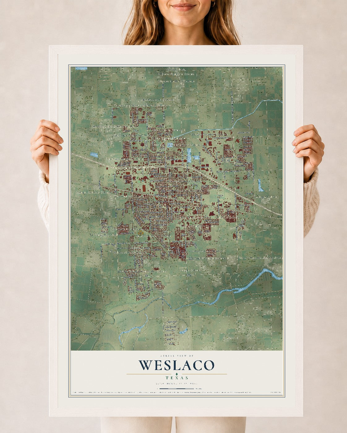 Map of Weslaco, Texas, 24 x 36 inch print in a white wood frame