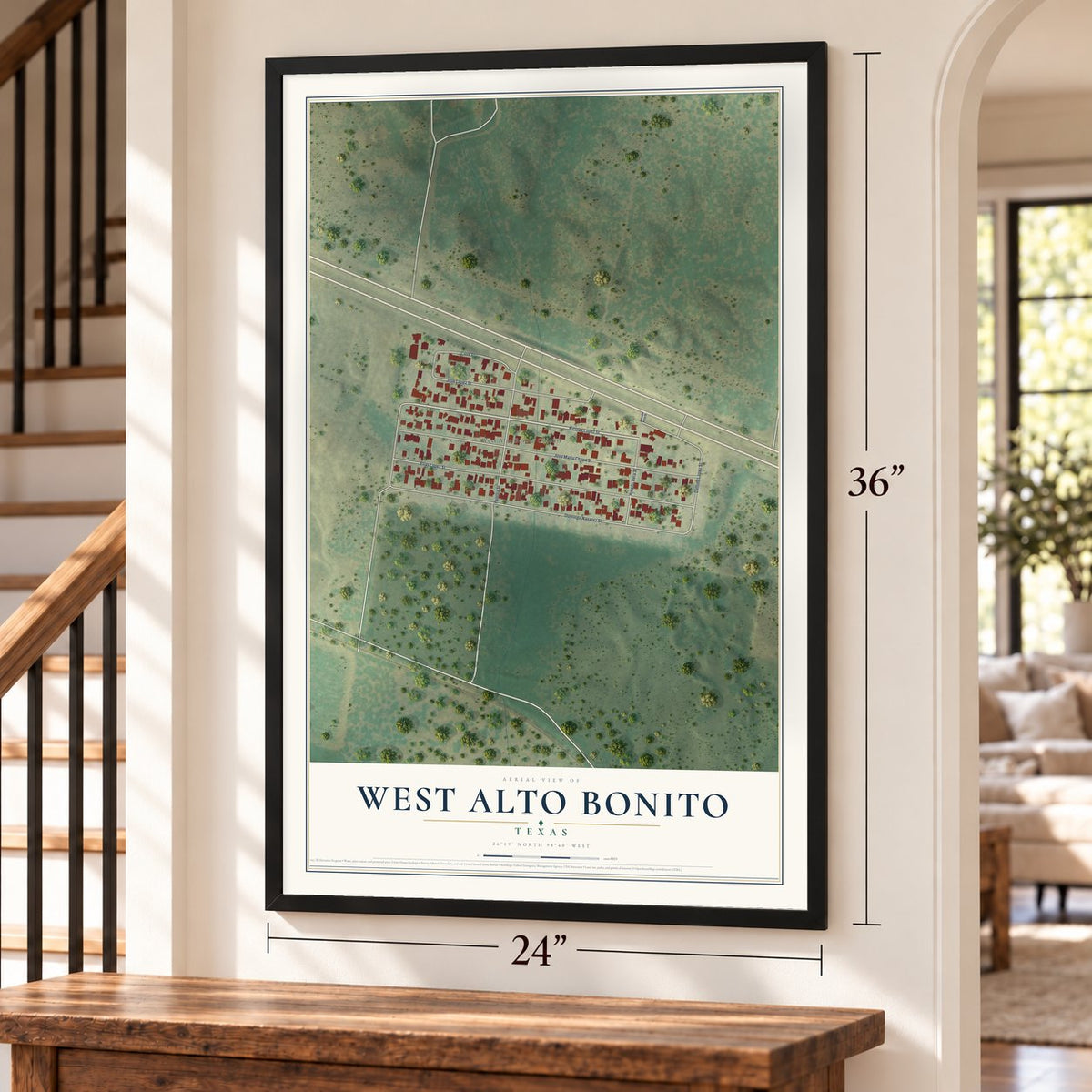 West Alto Bonito, Texas map, 24 x 36 inch print in a black frame by a staircase