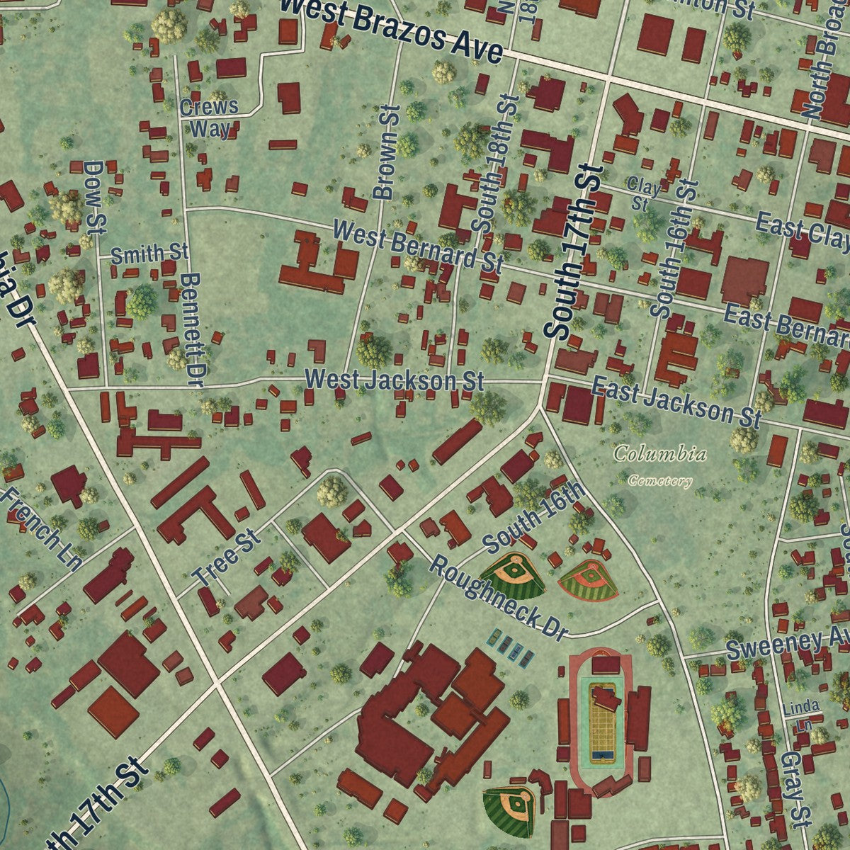 Close-up of the map of West Columbia, Texas print showing street and building detail