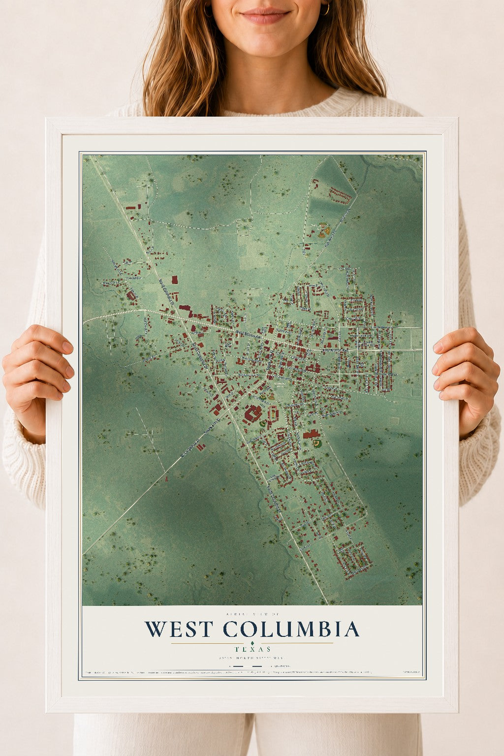 Map of West Columbia, Texas, 18 x 24 inch print in a white wood frame