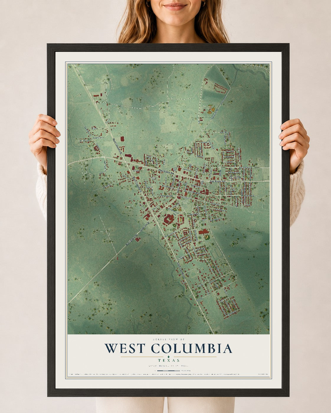 Map of West Columbia, Texas, 24 x 36 inch print in a black wood frame