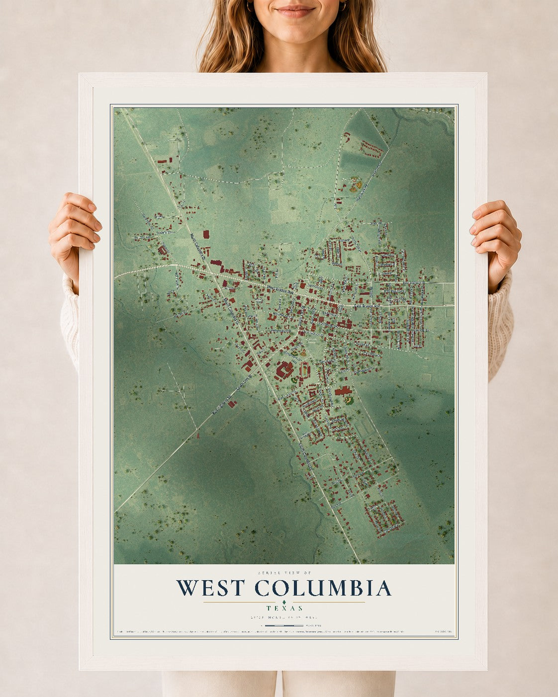 Map of West Columbia, Texas, 24 x 36 inch print in a white wood frame