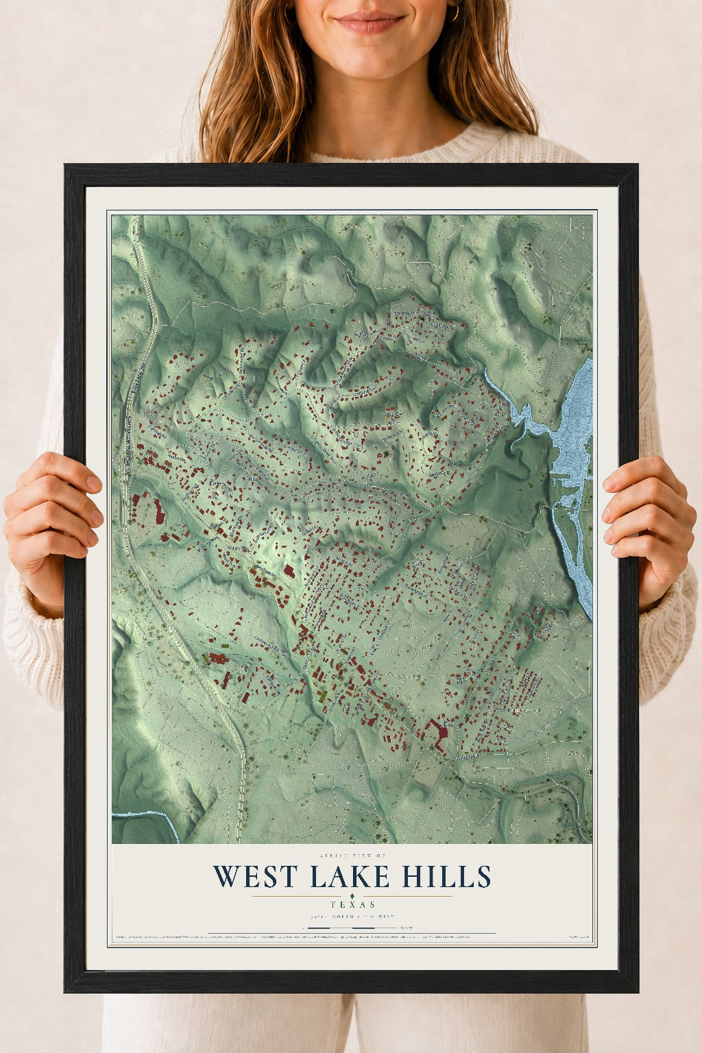 Map of West Lake Hills, Texas, 18 x 24 inch print in a black wood frame