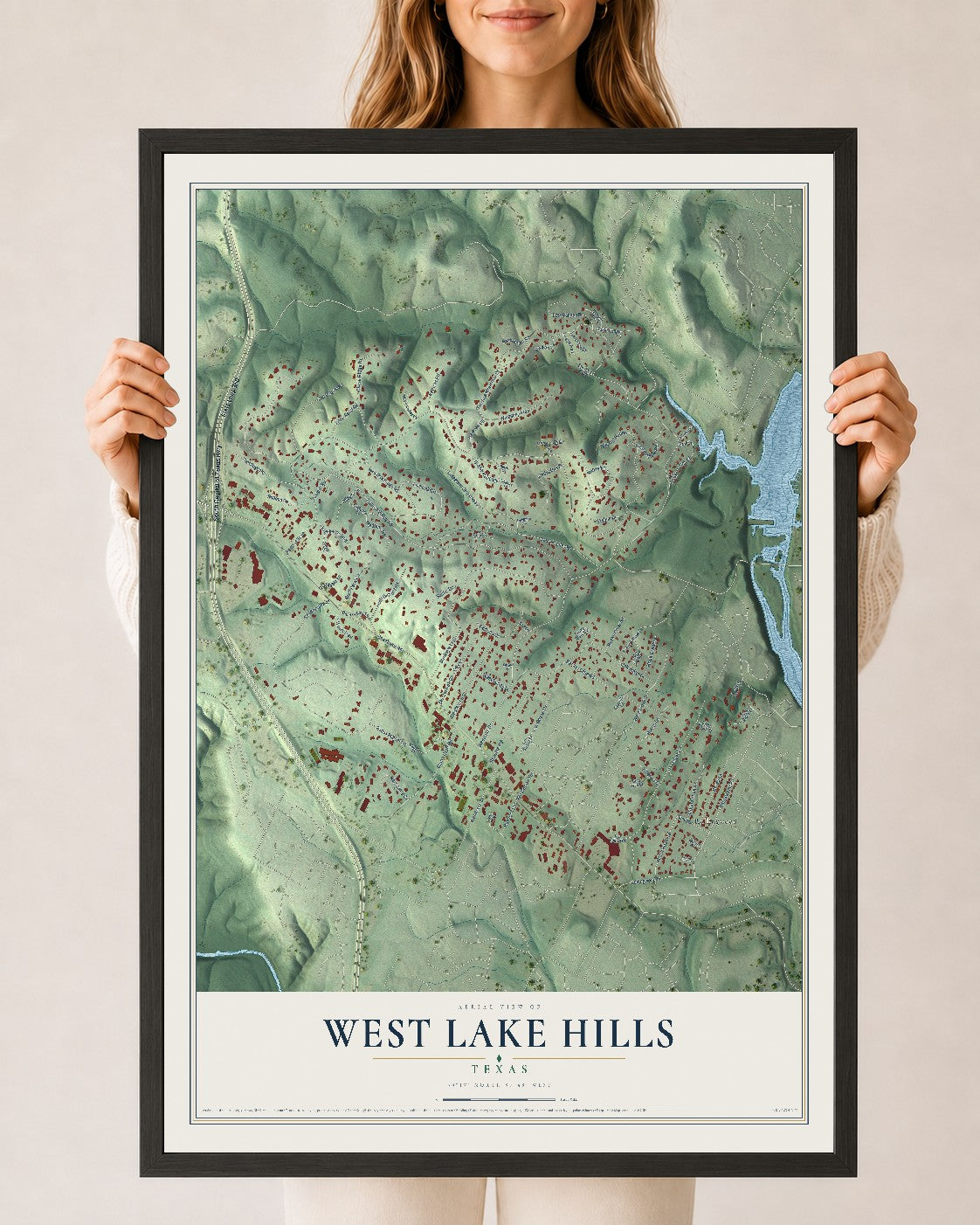 Map of West Lake Hills, Texas, 24 x 36 inch print in a black wood frame