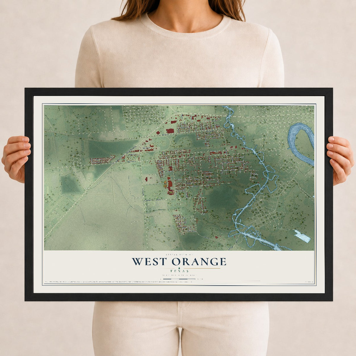 Map of West Orange, Texas, 12 x 18 inch print in a black wood frame