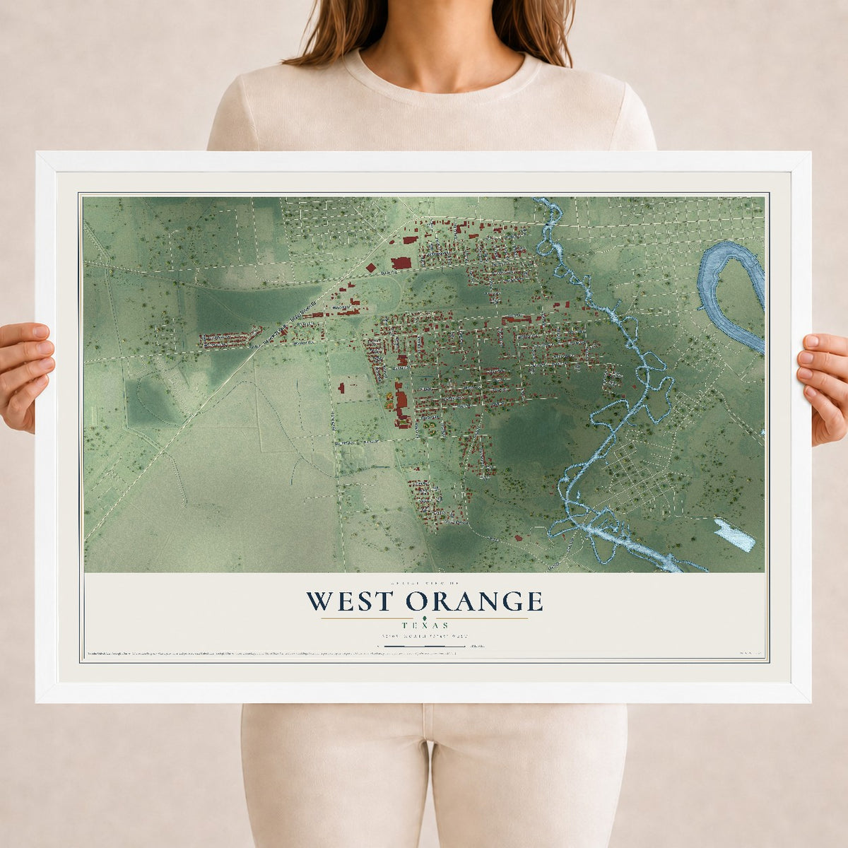 Map of West Orange, Texas, 18 x 24 inch print in a white wood frame