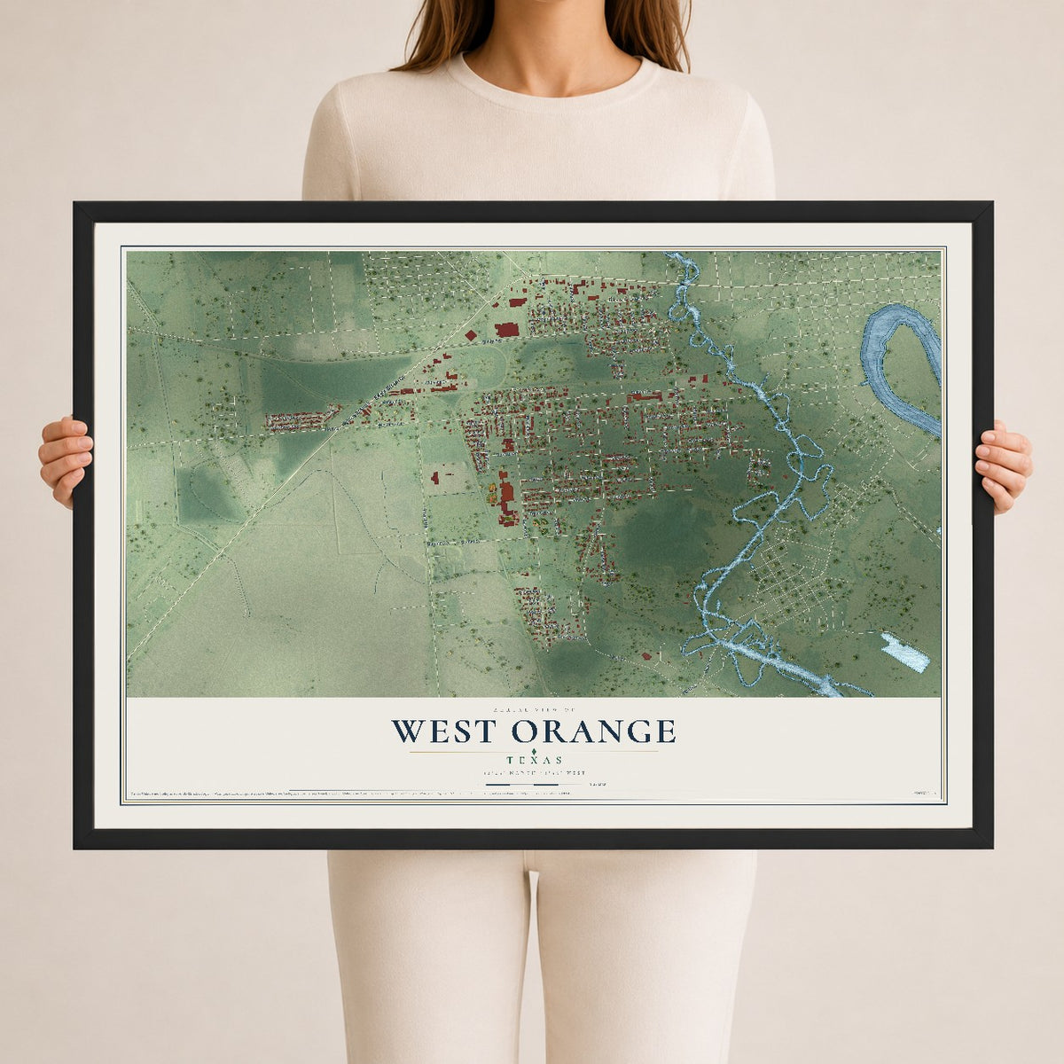 Map of West Orange, Texas, 24 x 36 inch print in a black wood frame