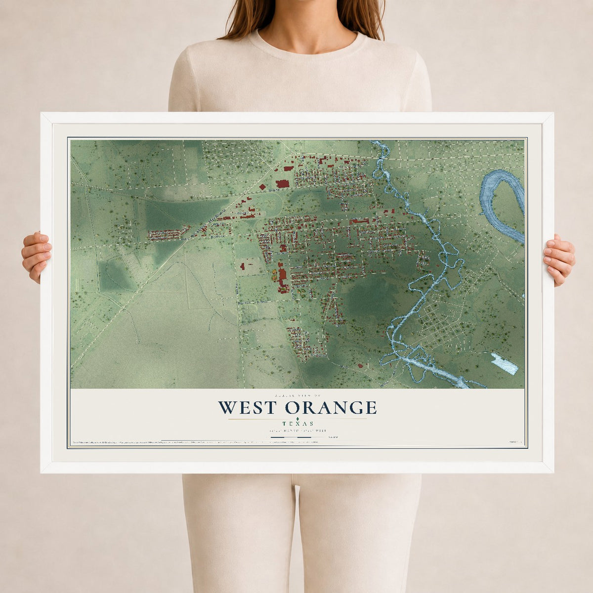 Map of West Orange, Texas, 24 x 36 inch print in a white wood frame