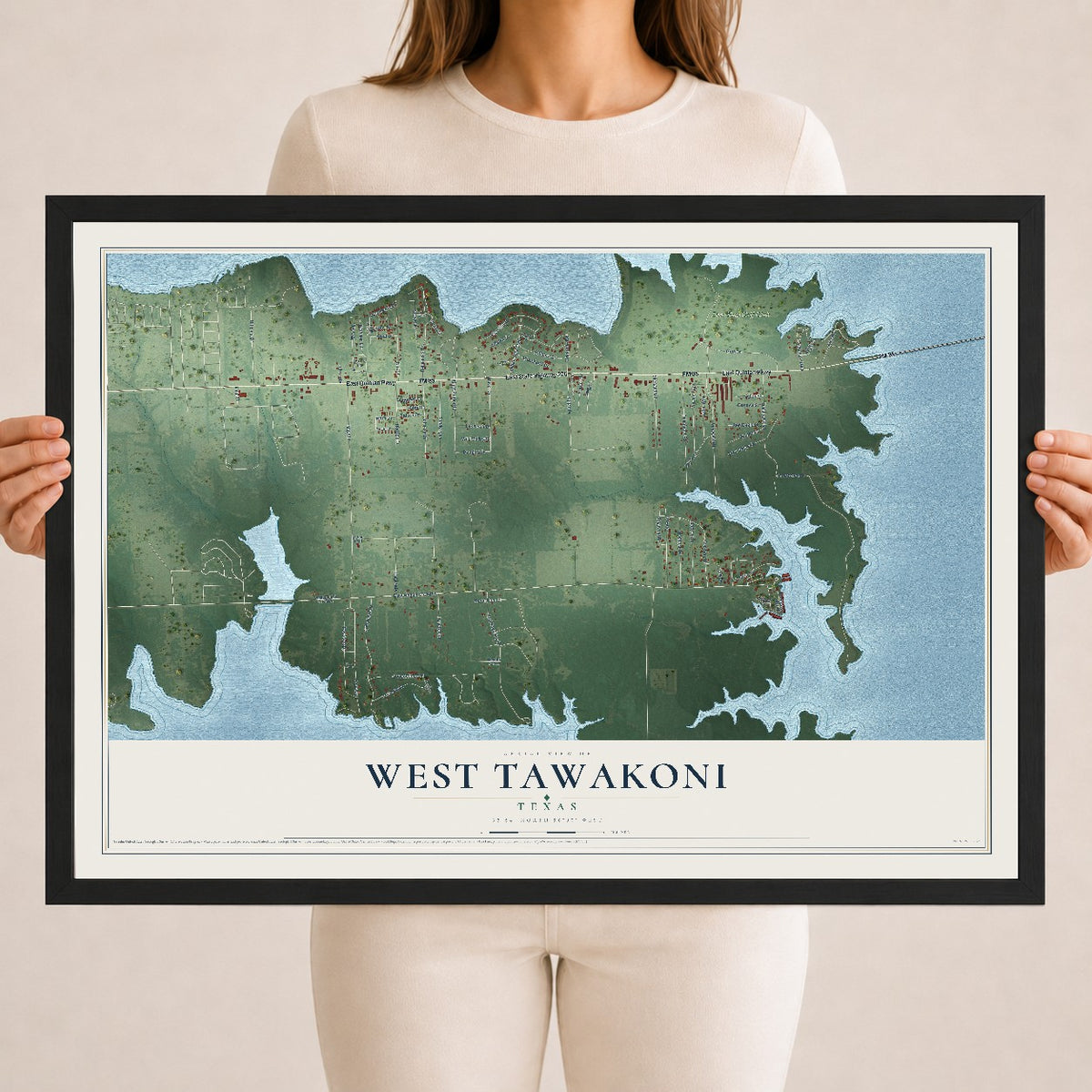 Map of West Tawakoni, Texas, 18 x 24 inch print in a black wood frame