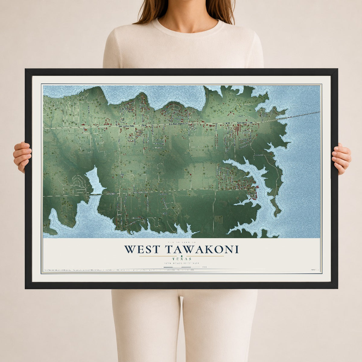 Map of West Tawakoni, Texas, 24 x 36 inch print in a black wood frame