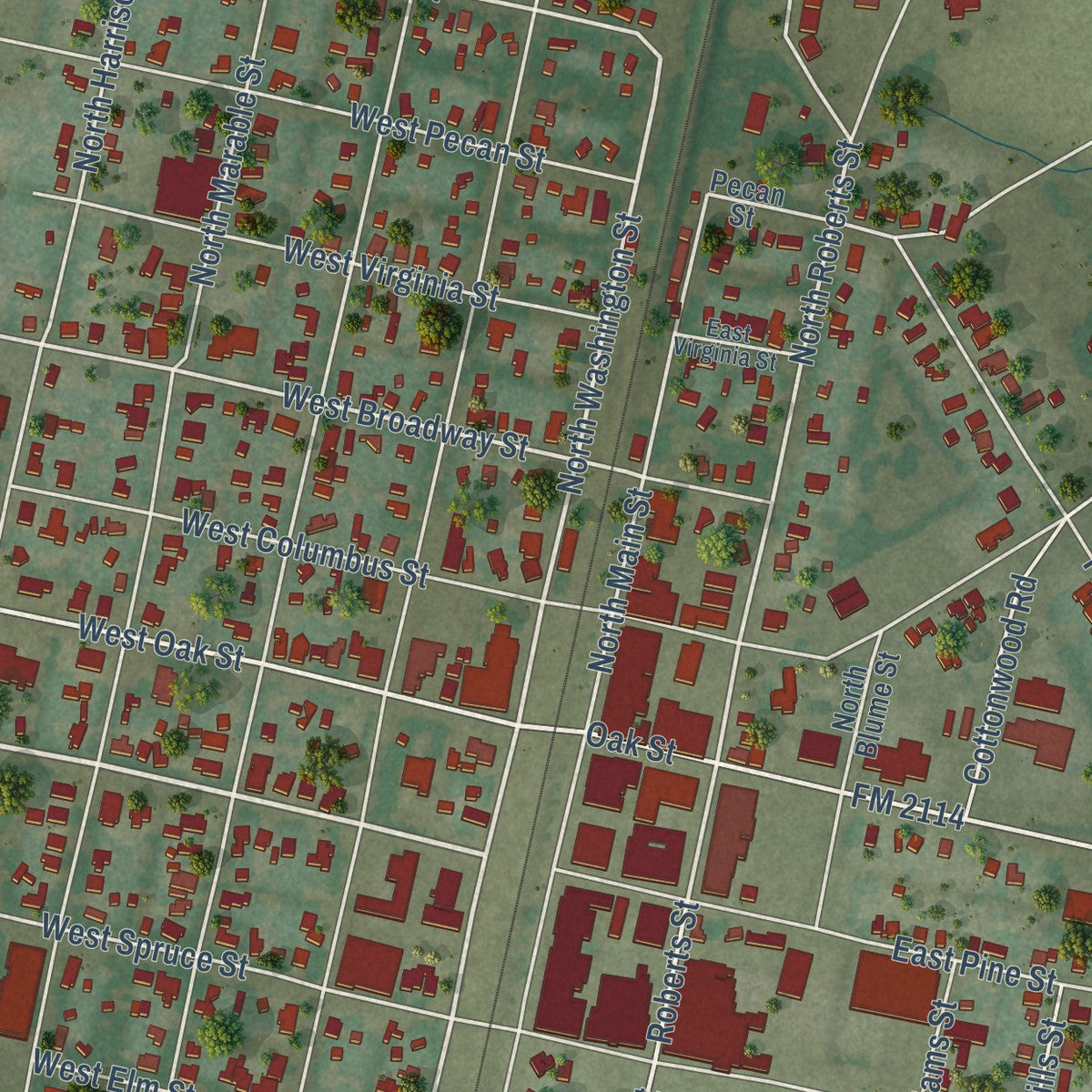 Close-up of the map of West, Texas print showing street and building detail