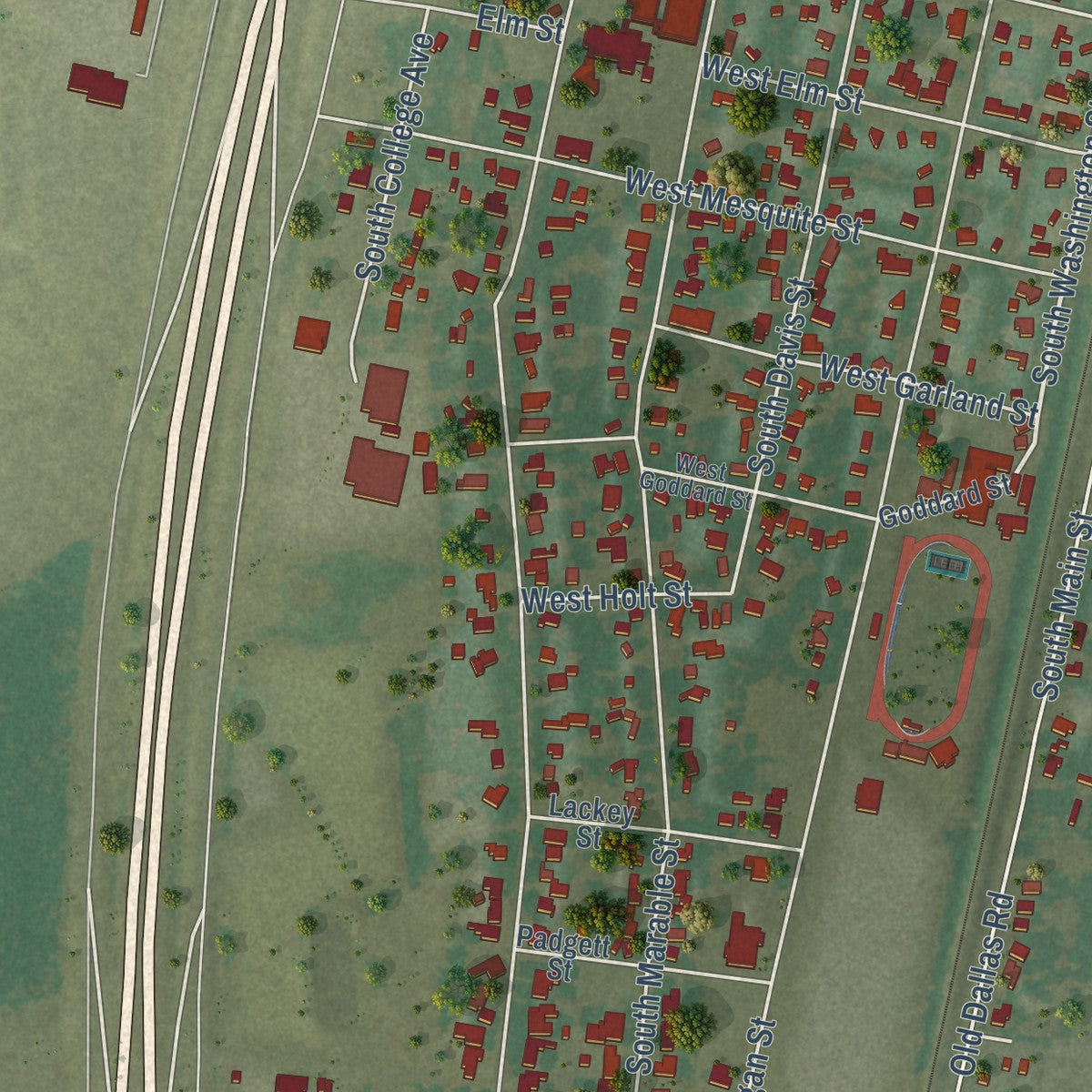 Second close-up of the map of West, Texas print showing more streets and buildings