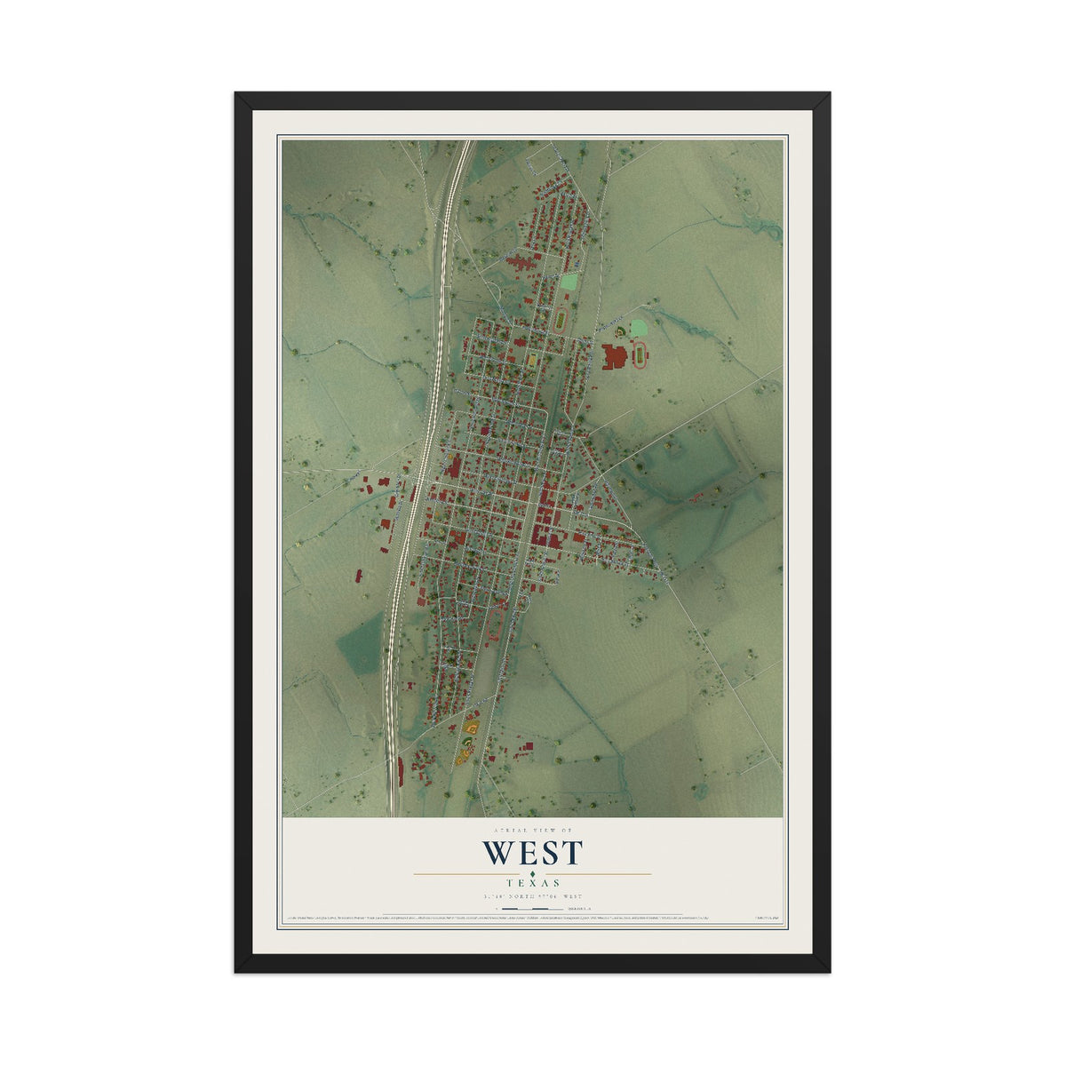 Map of West, Texas, 12 x 18 inch print in a black wood frame