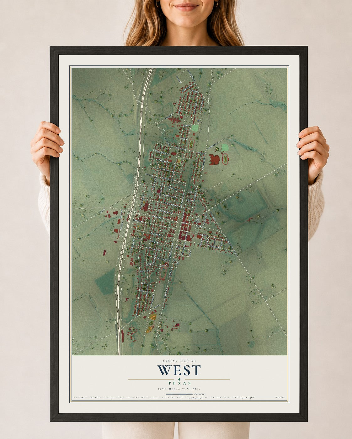 Map of West, Texas, 24 x 36 inch print in a black wood frame