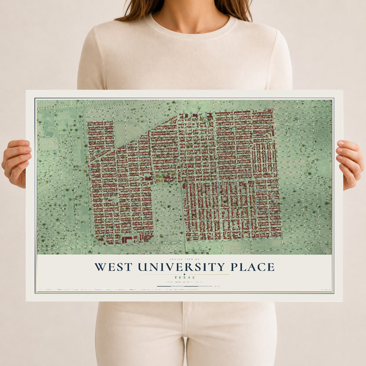 Map of West University Place, Texas, 12 x 18 inch unframed archival matte print