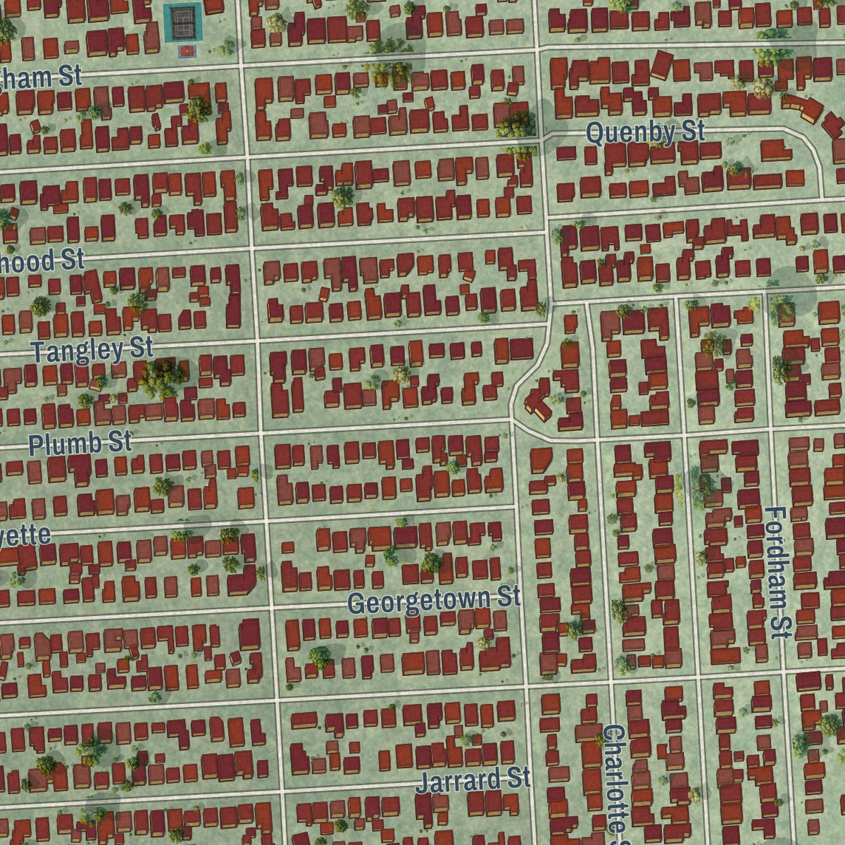 Close-up of the map of West University Place, Texas print showing street and building detail
