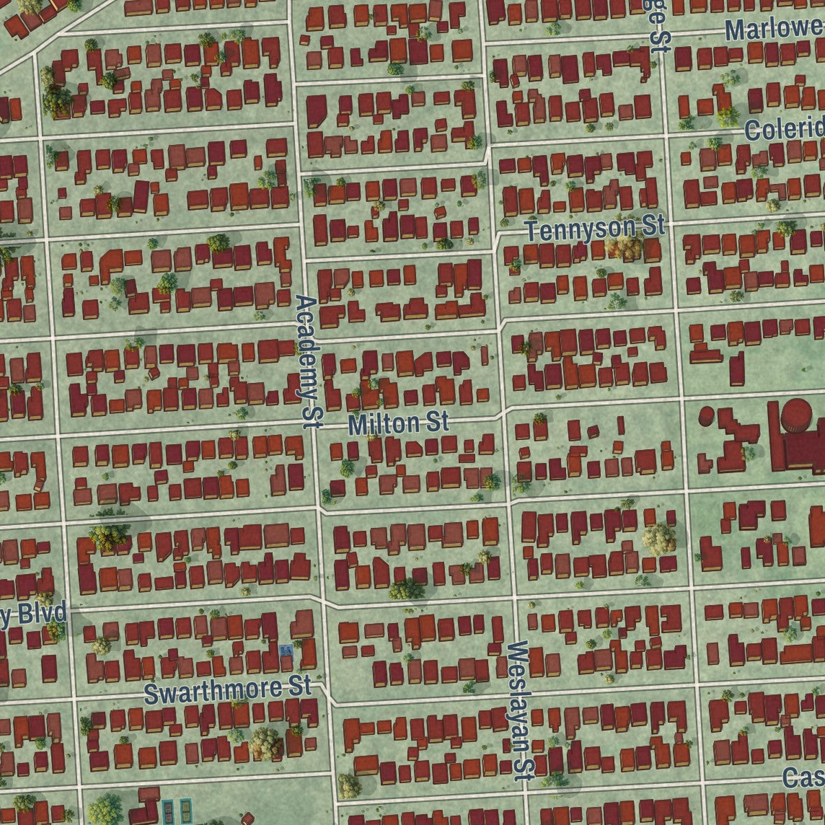 Second close-up of the map of West University Place, Texas print showing more streets and buildings