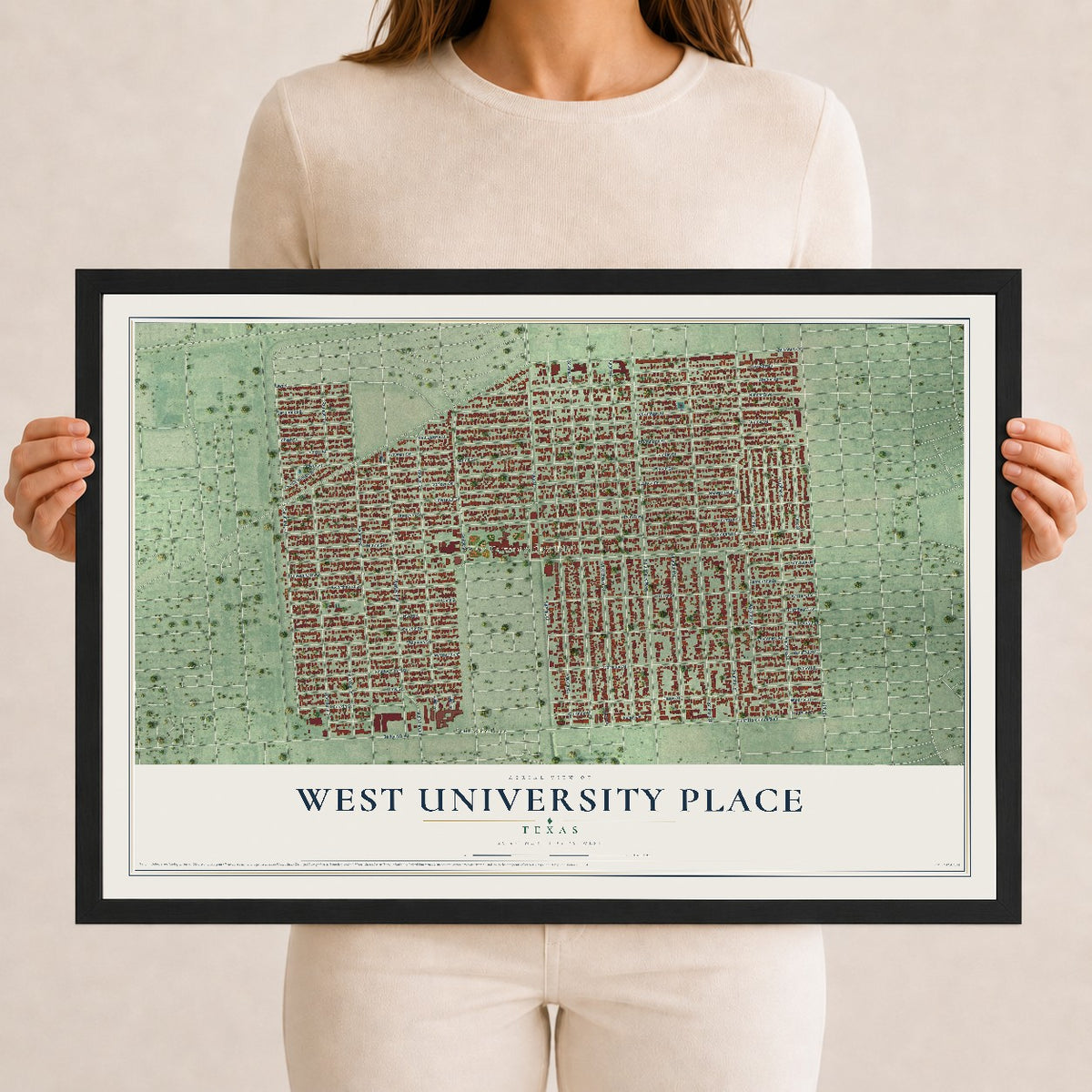 Map of West University Place, Texas, 12 x 18 inch print in a black wood frame