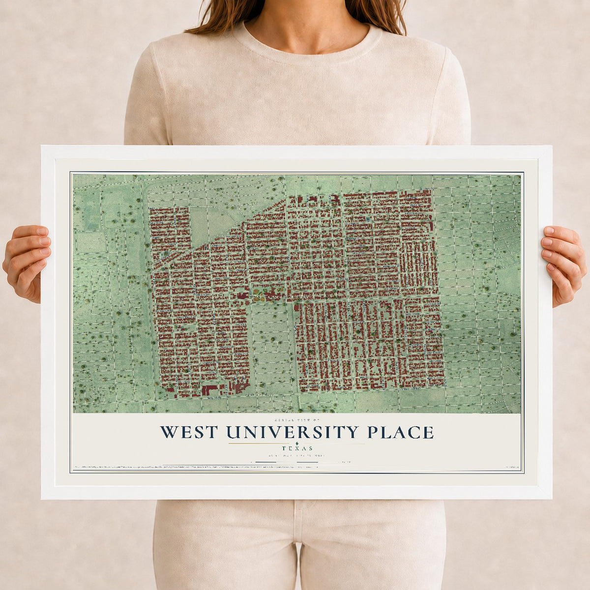 Map of West University Place, Texas, 12 x 18 inch print in a white wood frame