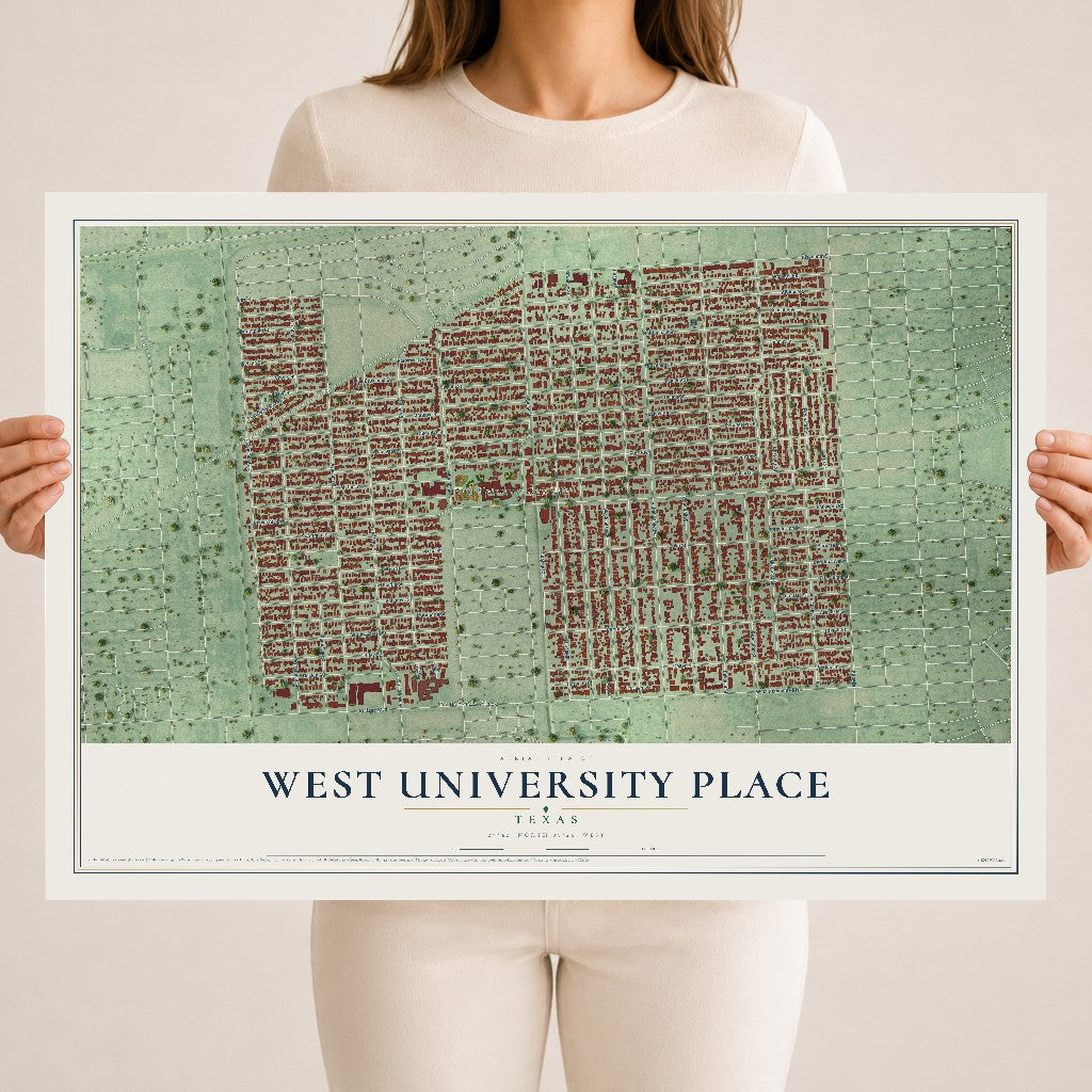 Map of West University Place, Texas, 18 x 24 inch unframed archival matte print