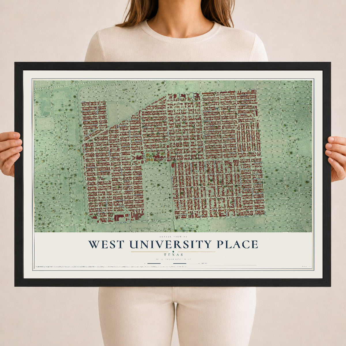 Map of West University Place, Texas, 18 x 24 inch print in a black wood frame