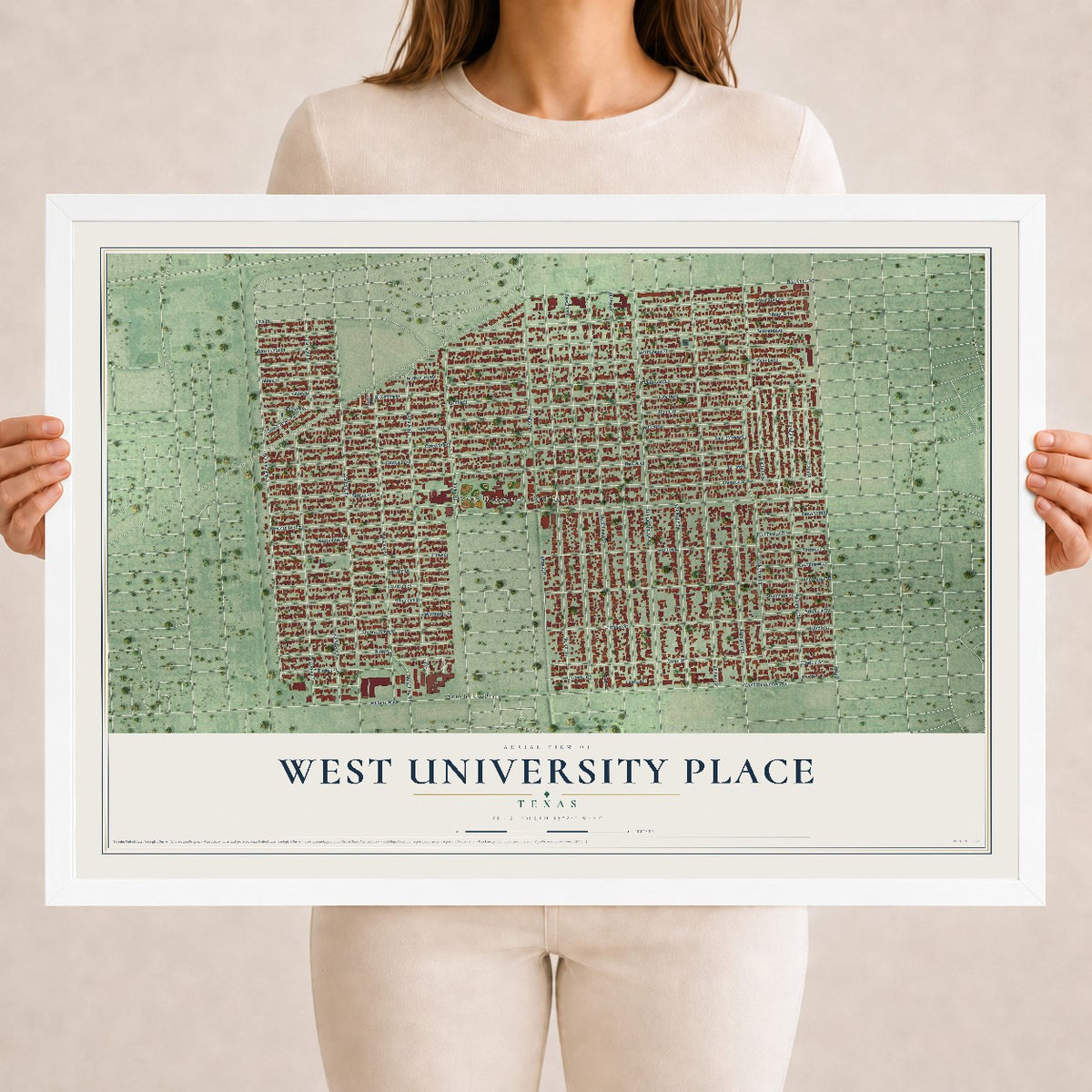 Map of West University Place, Texas, 18 x 24 inch print in a white wood frame