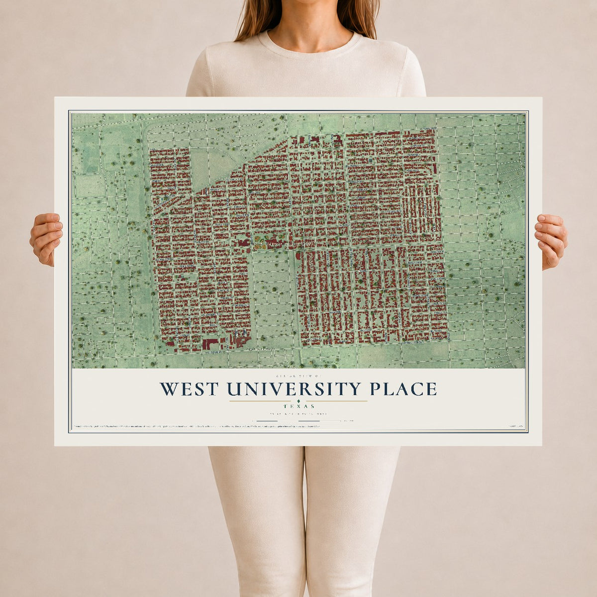 Map of West University Place, Texas, 24 x 36 inch unframed archival matte print