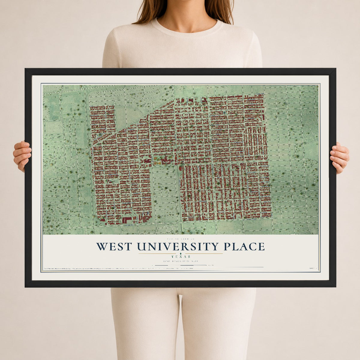 Map of West University Place, Texas, 24 x 36 inch print in a black wood frame