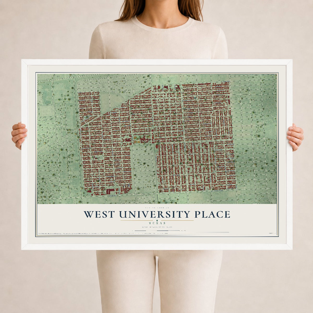 Map of West University Place, Texas, 24 x 36 inch print in a white wood frame