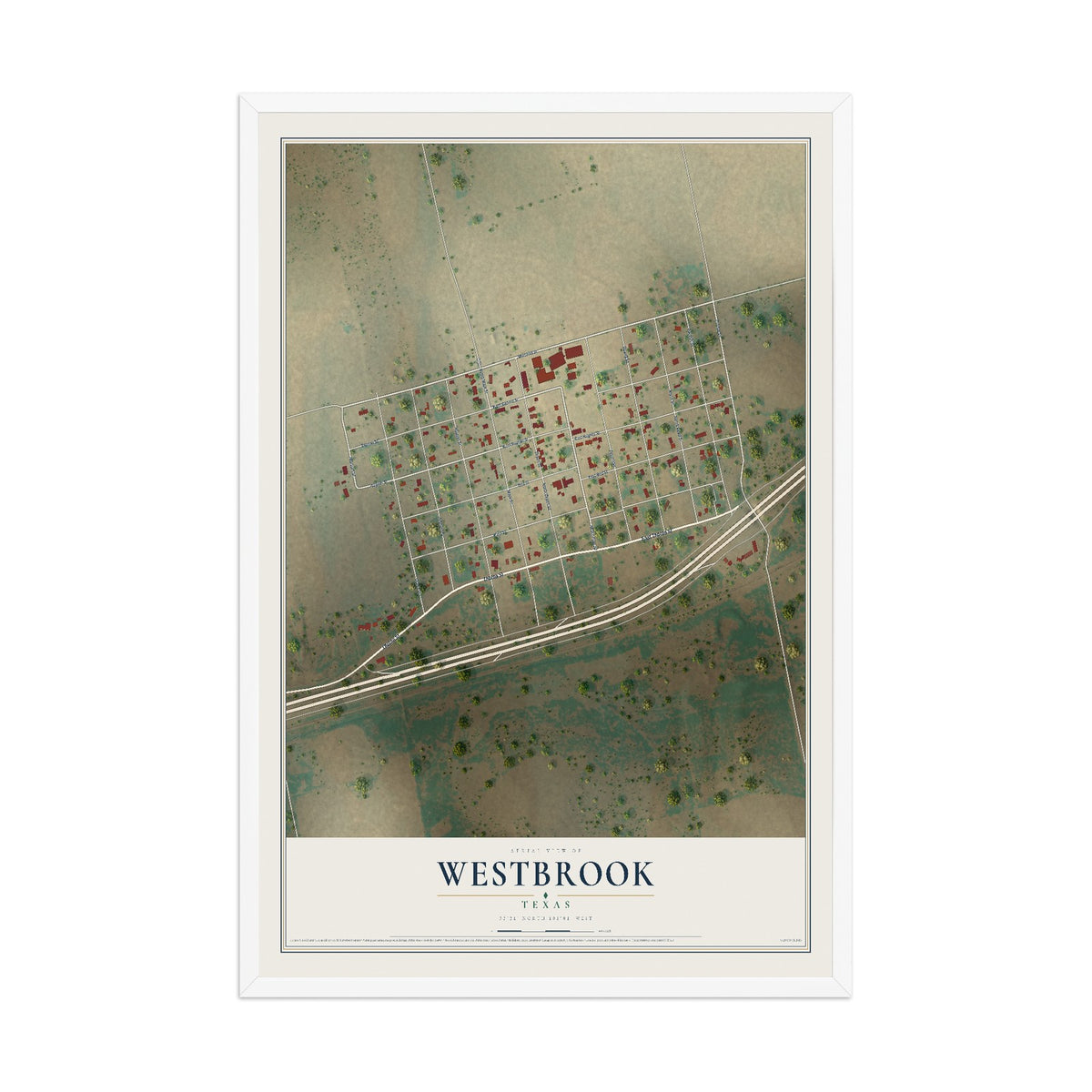 Map of Westbrook, Texas, 12 x 18 inch print in a white wood frame