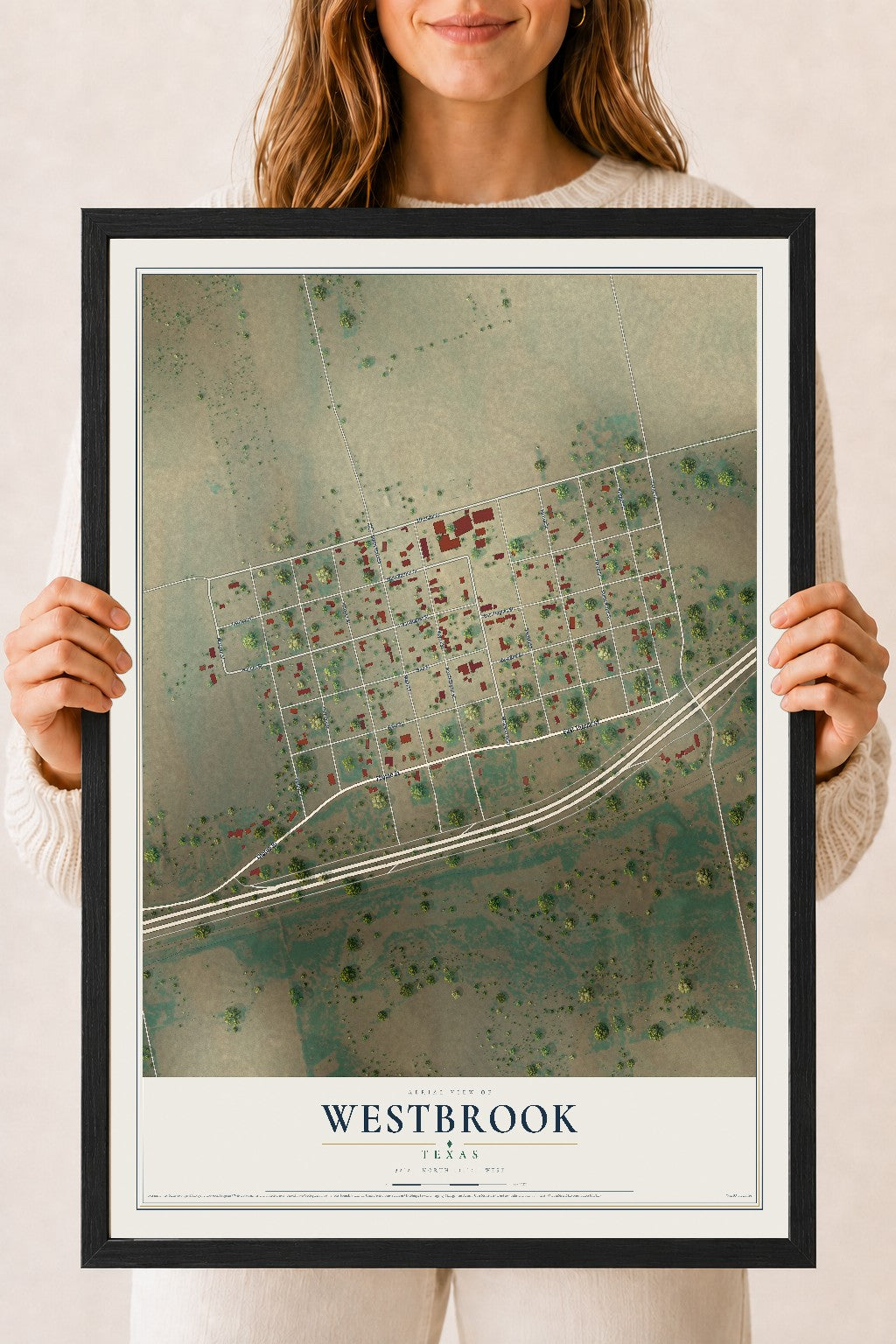 Map of Westbrook, Texas, 18 x 24 inch print in a black wood frame