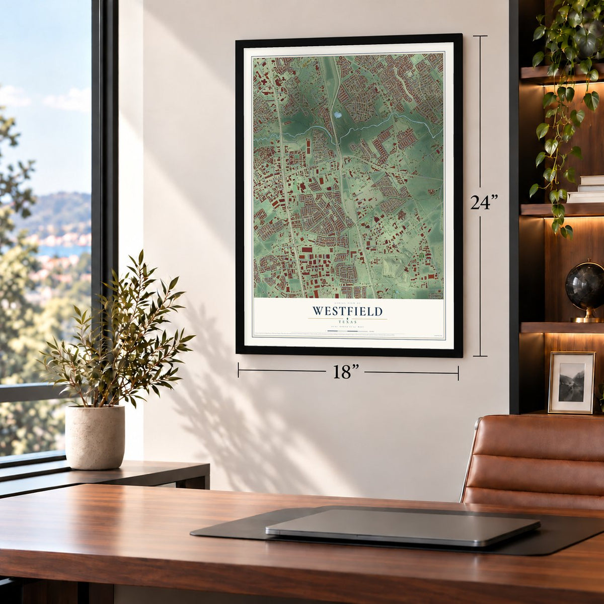 Westfield, Texas map, 18 x 24 inch print in a black frame in a home office