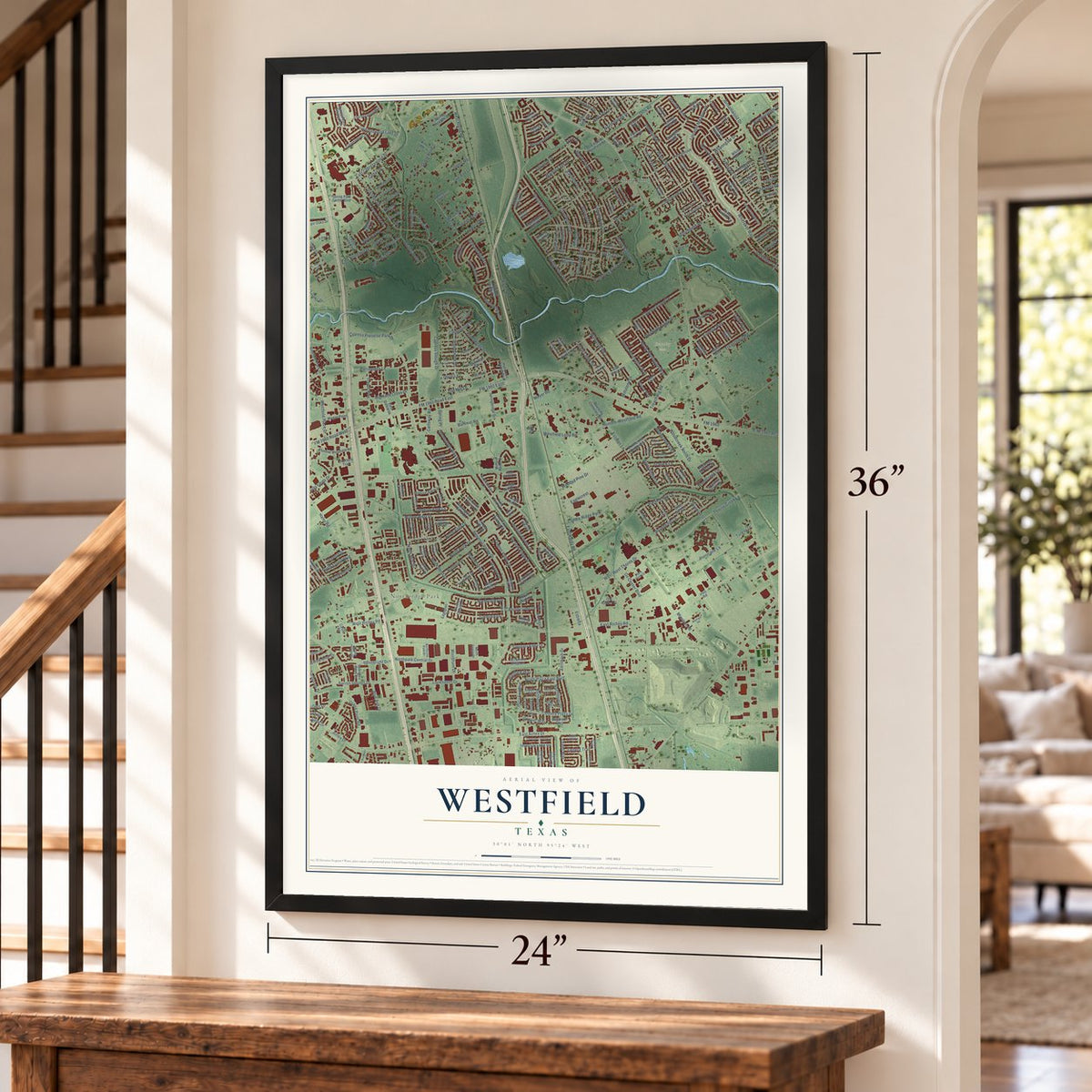 Westfield, Texas map, 24 x 36 inch print in a black frame by a staircase