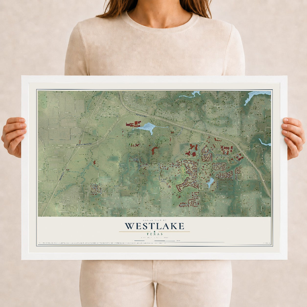 Map of Westlake, Texas, 12 x 18 inch print in a white wood frame