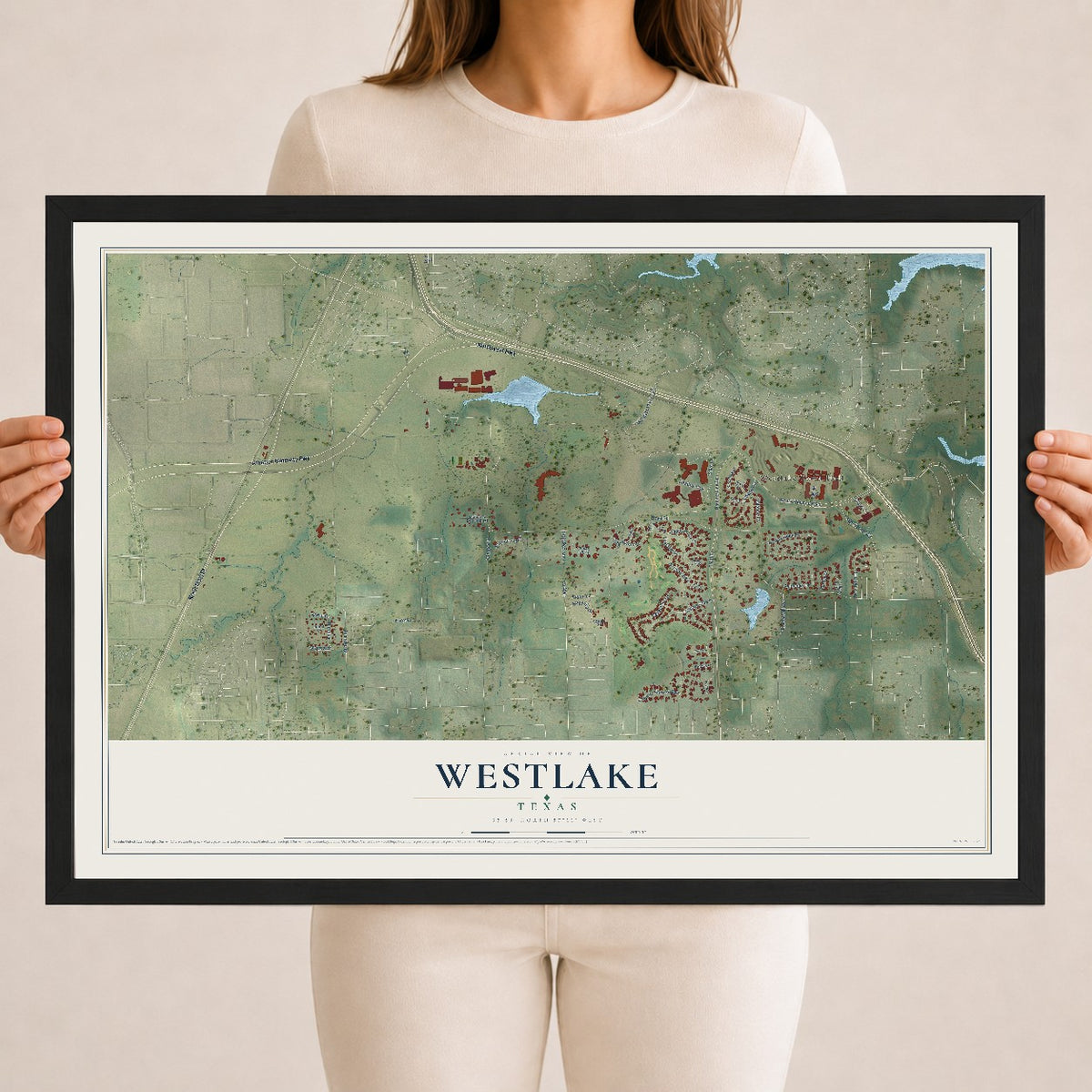 Map of Westlake, Texas, 18 x 24 inch print in a black wood frame
