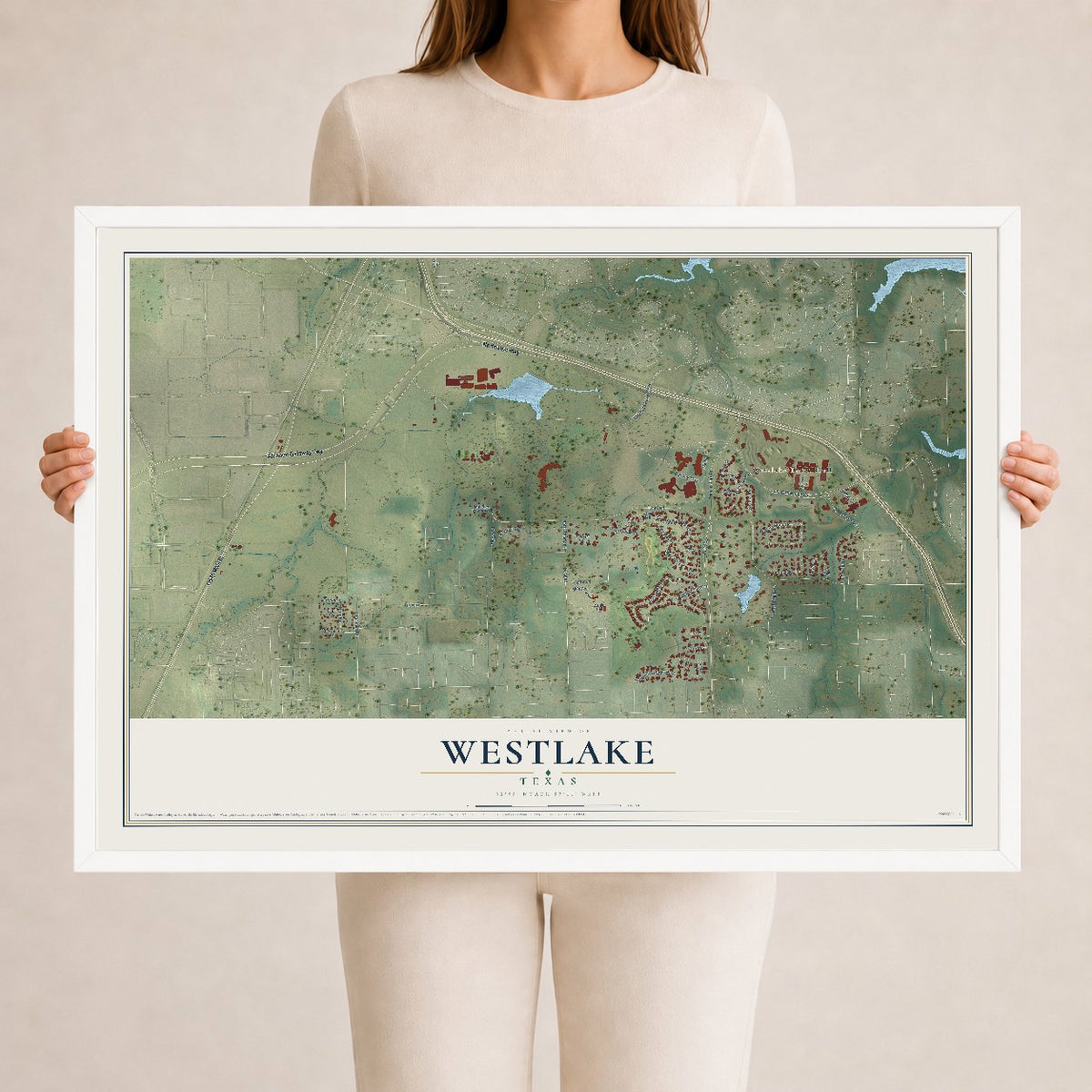 Map of Westlake, Texas, 24 x 36 inch print in a white wood frame